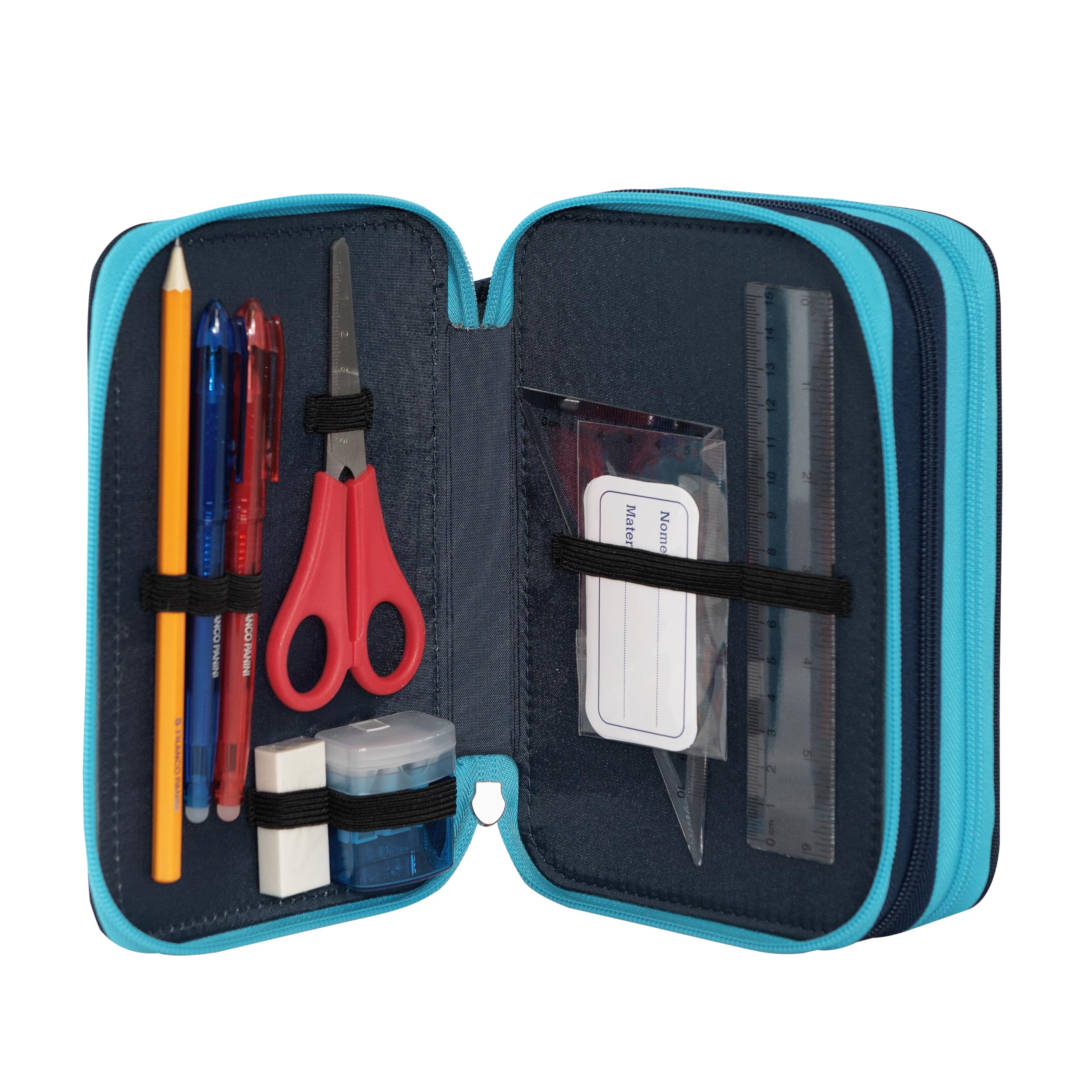 COMIX Scomix by Sio - Astuccio Scuola, Astuccio 3 Scomparti per Bambini e Ragazzi, con Set Cancelleria Incluso, 5 Etichette Adesive Portanome e Pratiche Chiusure a Zip, 20 x 13H x 7 cm, Blu