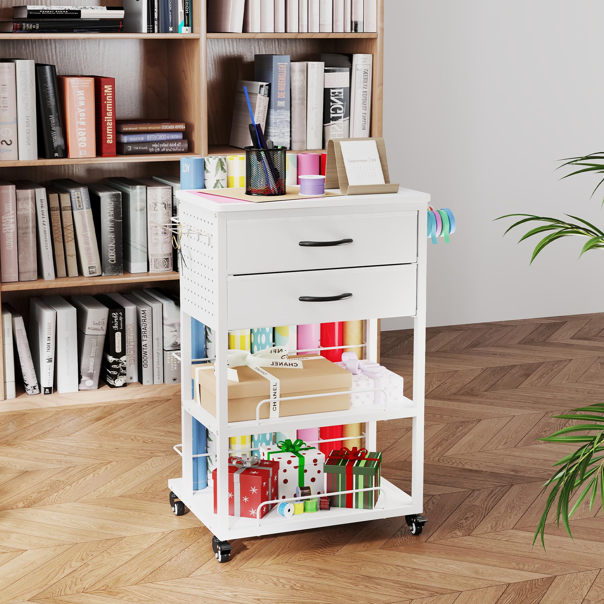 Chariot de rangement Cricut compatible avec la machine Cricut, à roulettes 2 tiroirs pliables en tissu table d'artisanat support en vinyle
