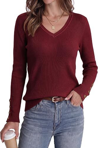 Newshows Womens Sweaters V Neck Red Sweaters Spring Tops Stretch Button Casual R