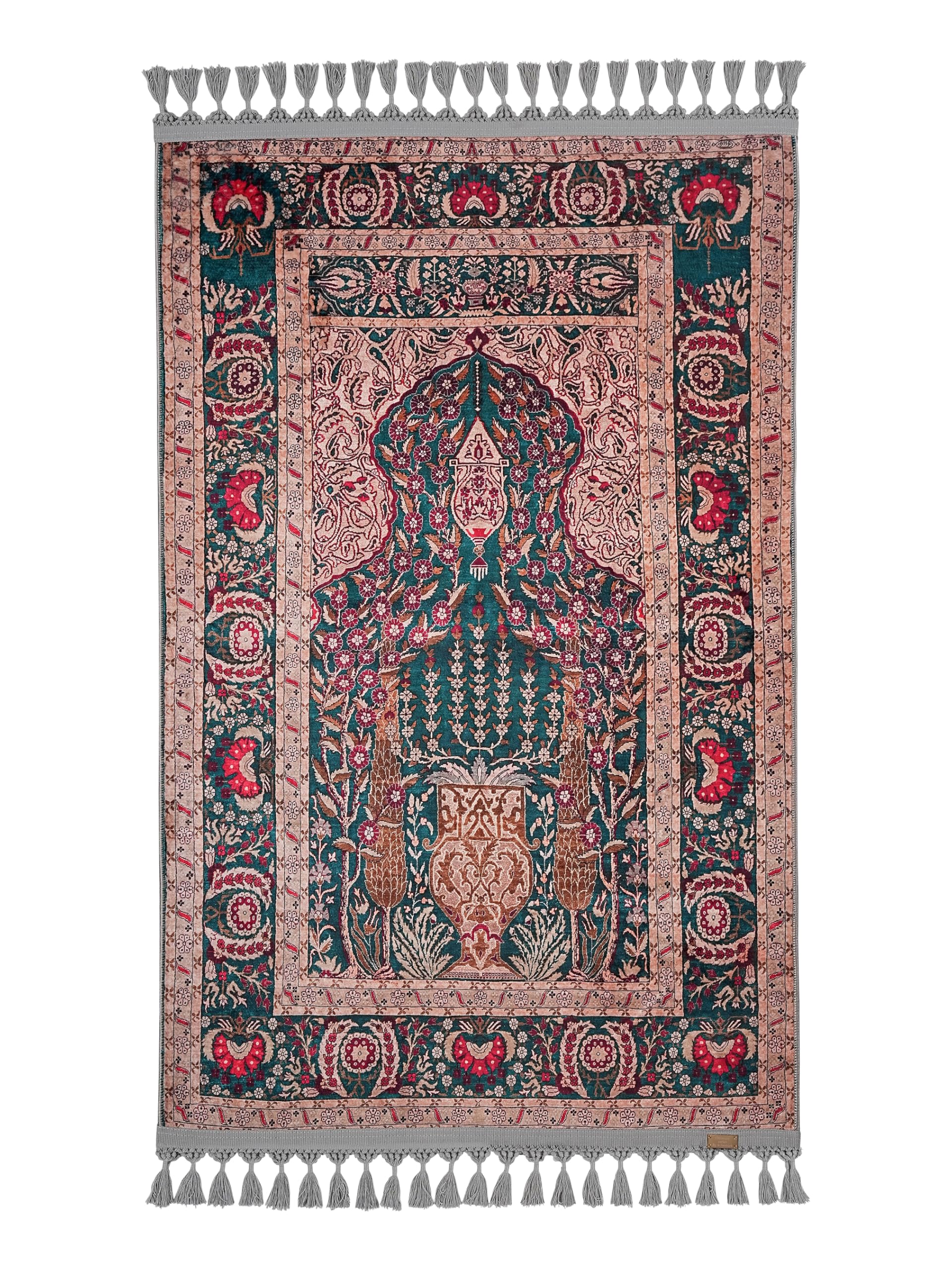 Alfombra de oración floral para meditación diaria en tonos rosa y verde azulado
