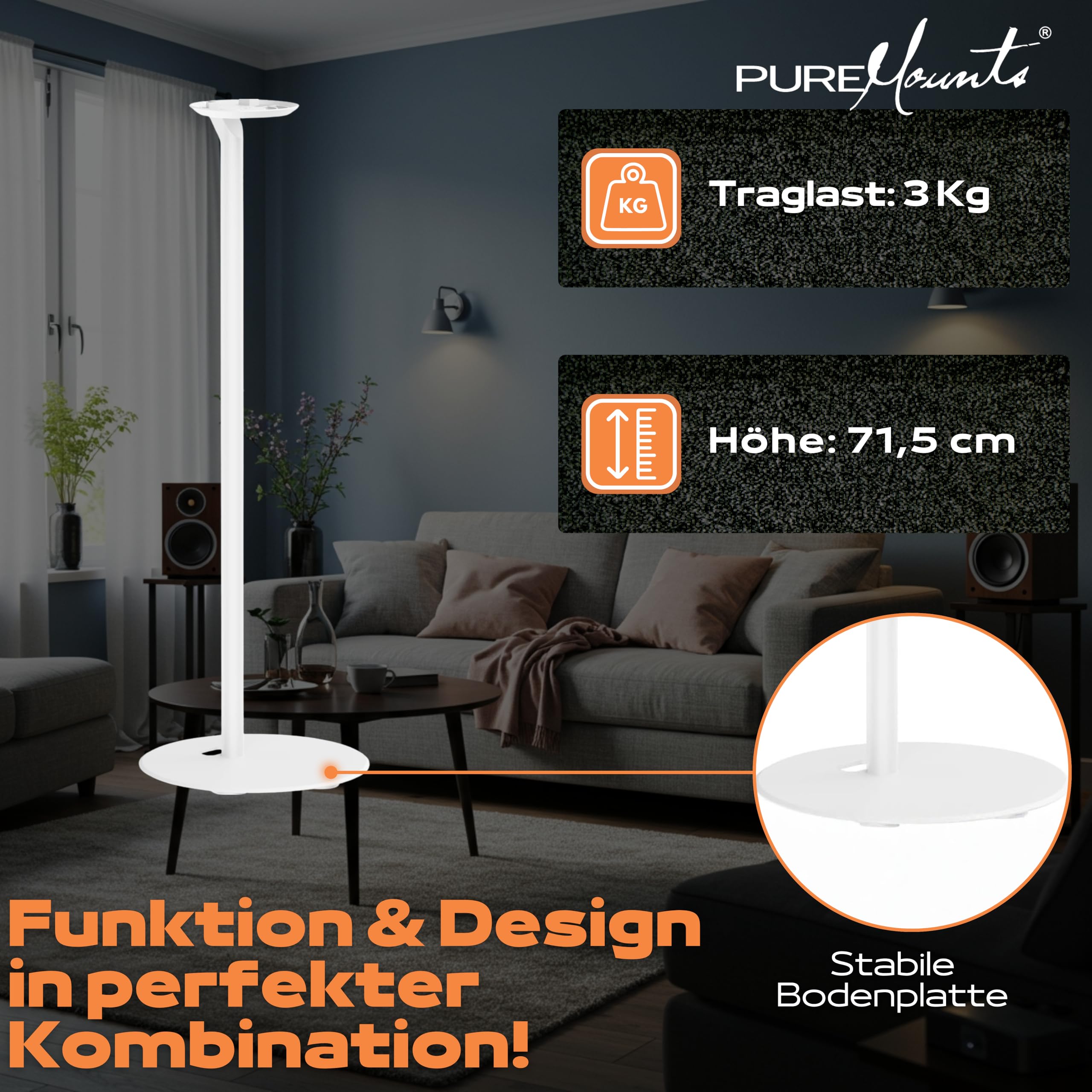 PureMounts Lautsprecherständer für Sonos Era 100, Lautsprecher Ständer, Boxenständer mit Kabelmanagement, 3Kg Tragkraft, weiß