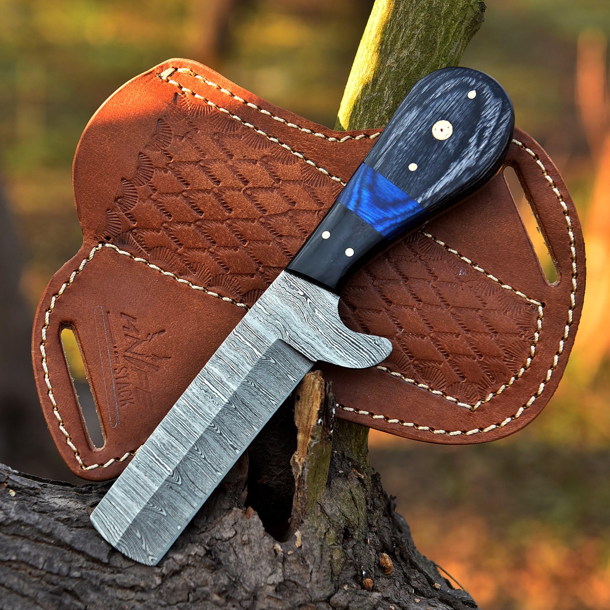 Handmade Damascus Bull Cutter Knife for Cowboy with Leather Sheath- Handcrafted Fixed Blade Hunting Knife for Precision Cutting