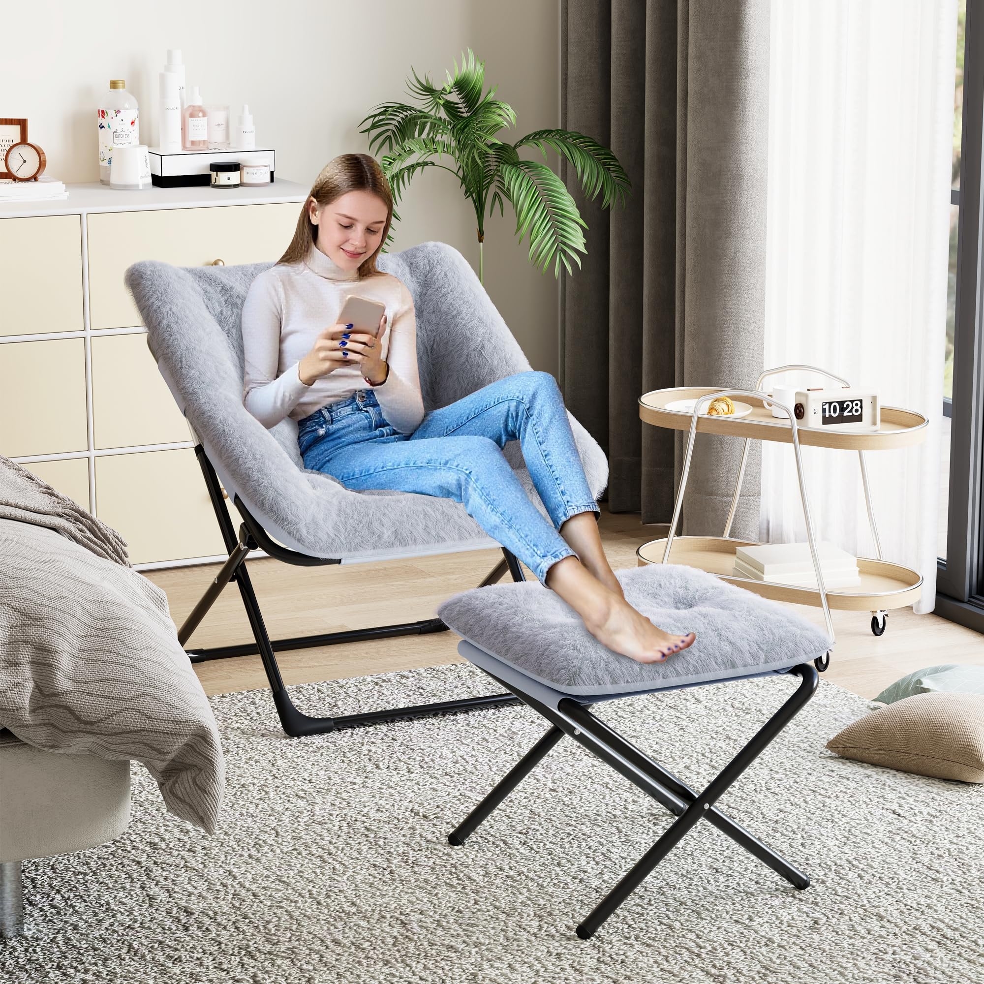 Garvee Klappstuhl mit Fußhocker, bequemer Relaxsessel | Klappbarer Relaxsessel mit Fußhocker, weicher Polsterung, stabilem Design und leichter Konstruktion in Grau