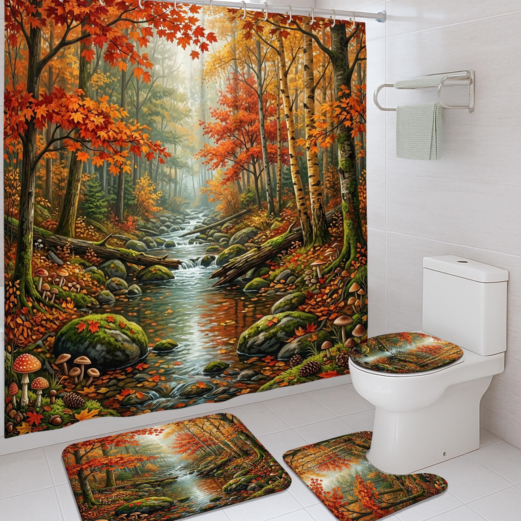 Rideau de douche lavable motif nature forêt d'automne avec crochets