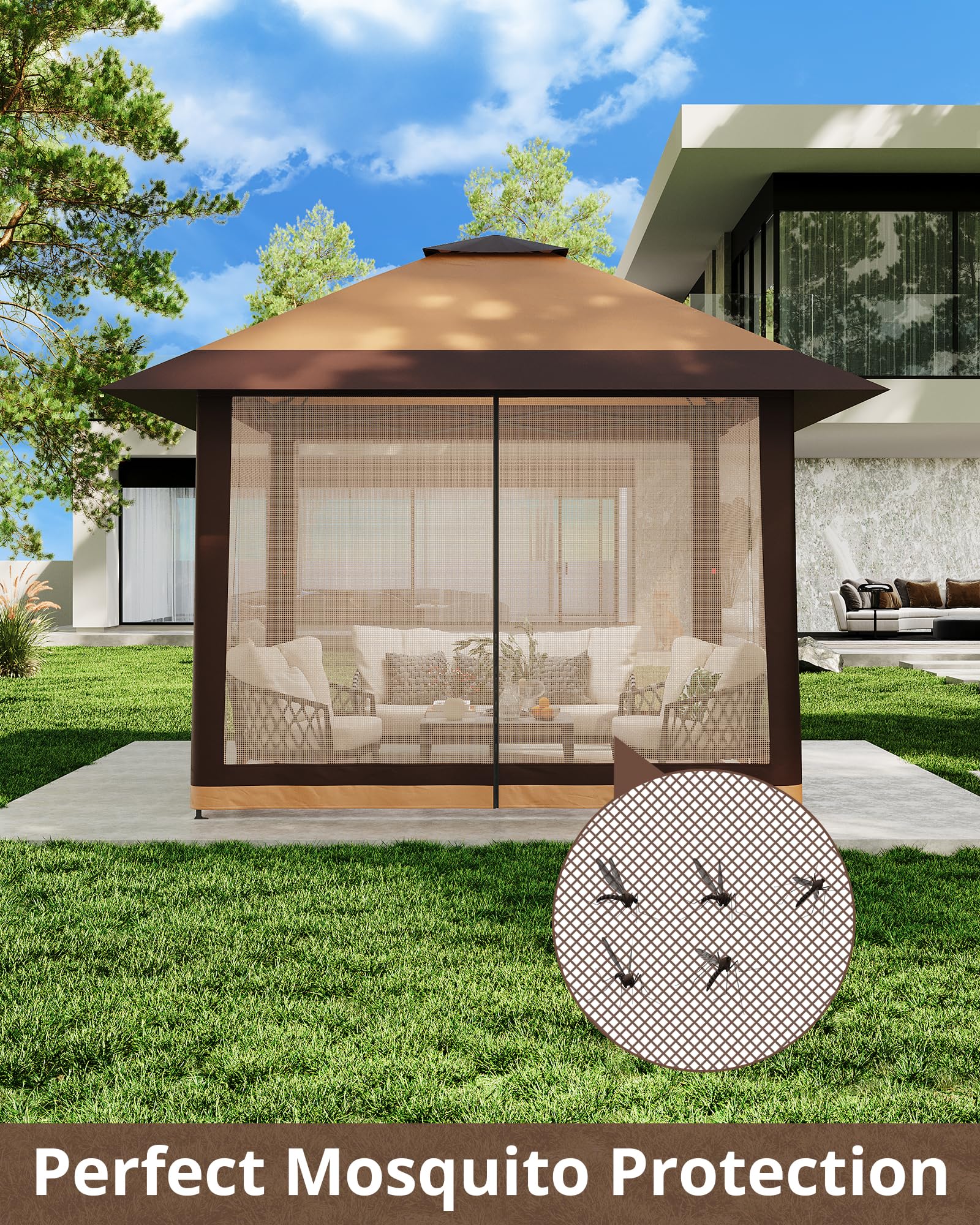 Gazebo Pop-Up 13x13 ft Esterno Con Doppio Tetto Ventilato e Zanzariera Integrata, Altezza Regolabile, Impermeabile e Protetto UV, Adatto Per Feste, Barbecue, Patio e Prato