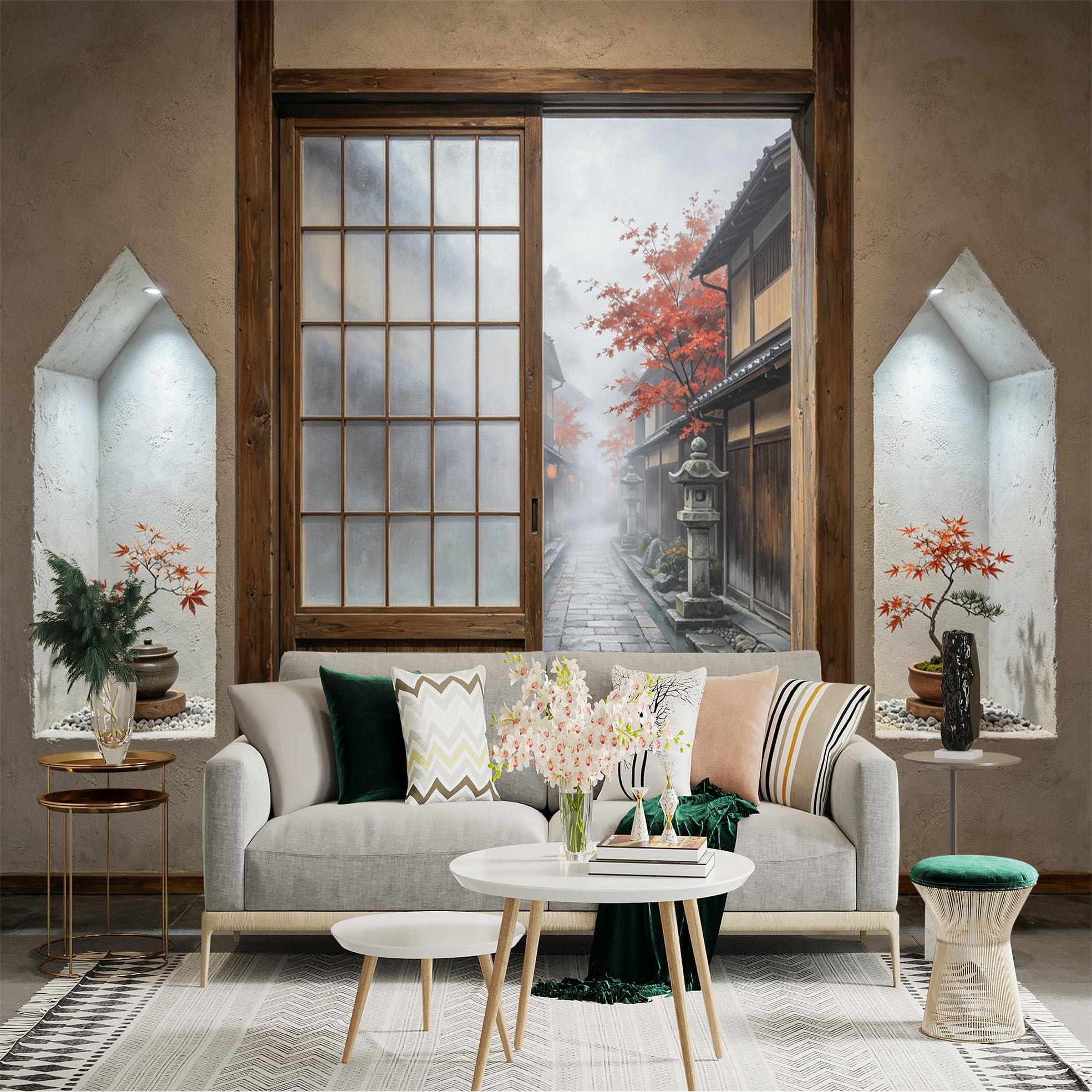 Custom Size Wall Sticker Mural， Zen Courtyard with Maple Trees， Wooden Sliding Door and Misty Alley， for wall Decoration， peelandstick wall Decals.
