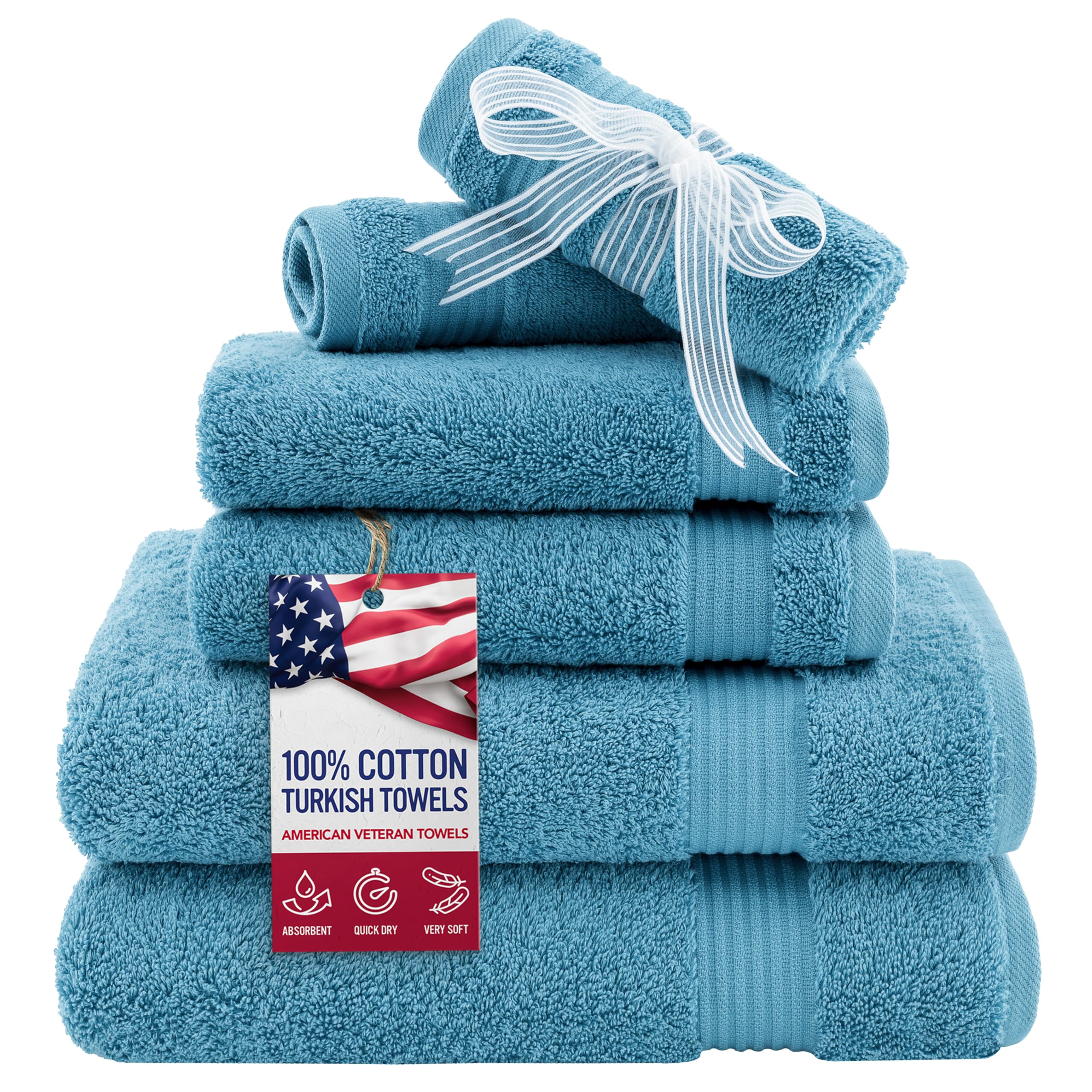American Veteran Towel, 6 Piece Towel Set for Bathroom, 100% Cotton Turkish Bathroom Towels, 2 Bath Towels 2 Hand Towels 2 Washcloths, Sky Blue