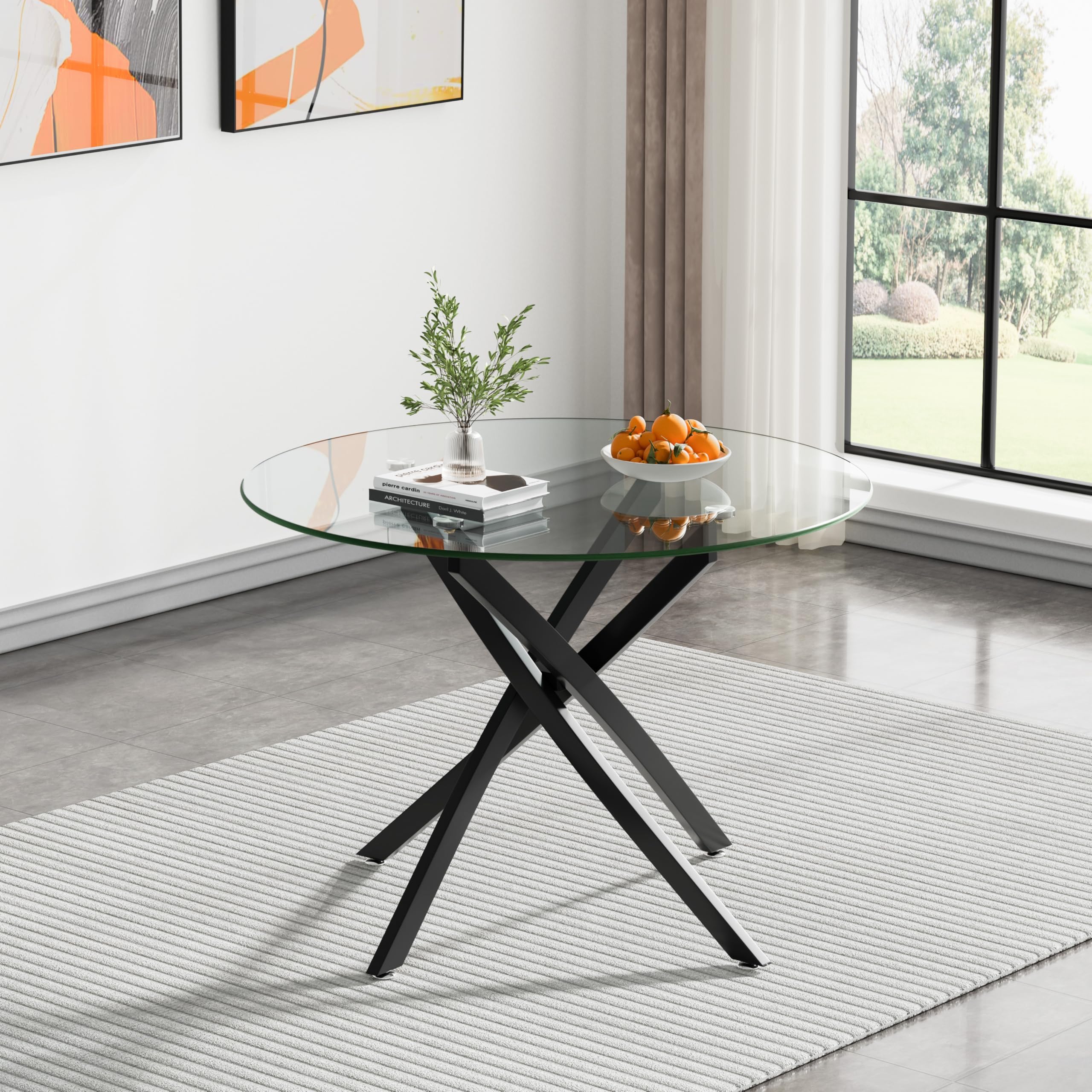 Glass Dining Table,36'' Round Dining Kitchen Table,Modern X-Design Dining Room Table with Black Metal Base for Dining Room