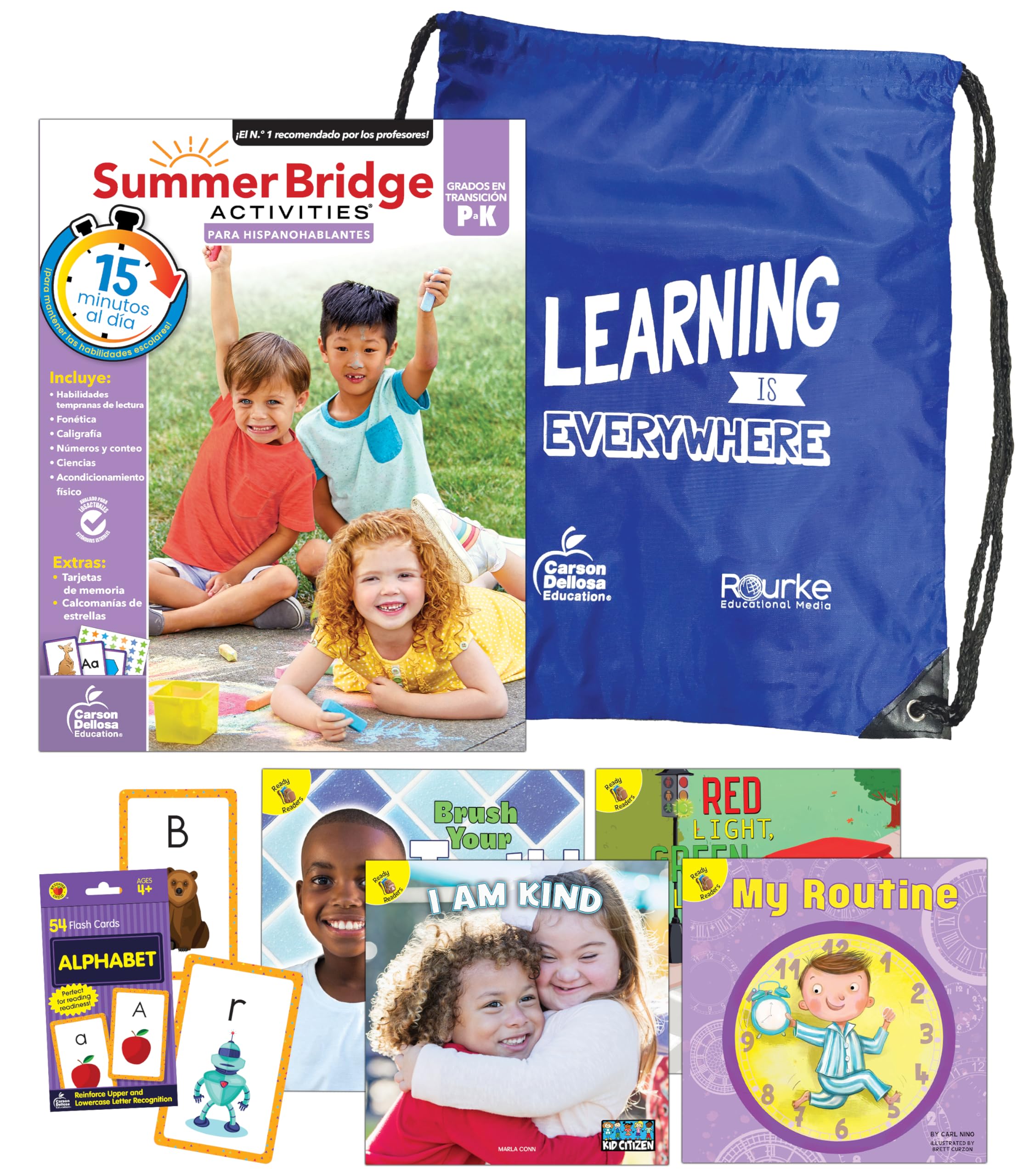 Summer Bridge Activities PreK-K Spanish Summer Learning Resources, Bundle, Ages 4-5, Spanish Language Preschool to Kindergarten Workbooks, Alphabet Flash Cards, 4 Children's Books, and Drawstring Bag