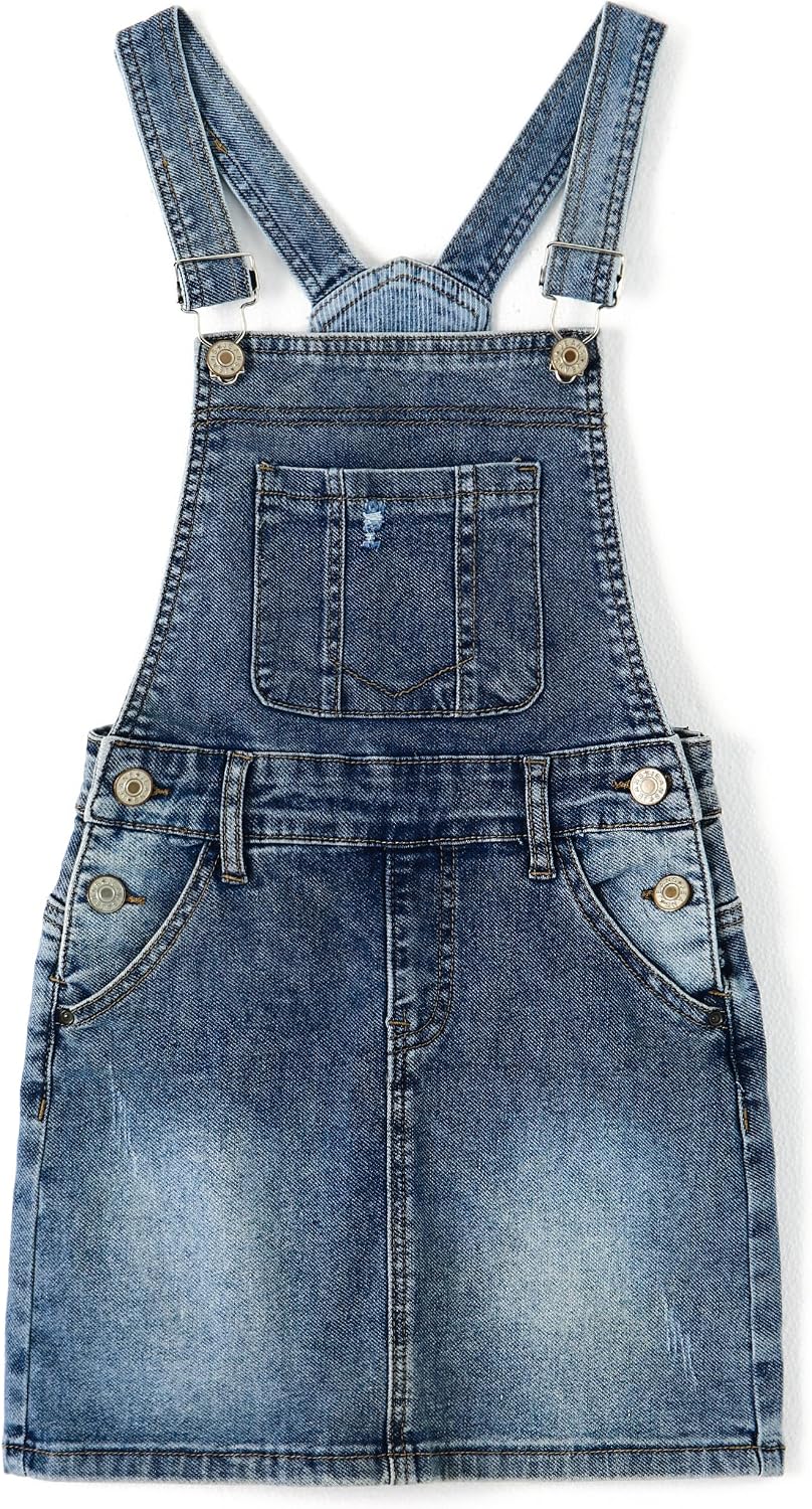 KIDSCOOL SPACE Baby Little Girls Skirt,Ripped Soft Strechy Denim Girls Summer Overalls Dress
