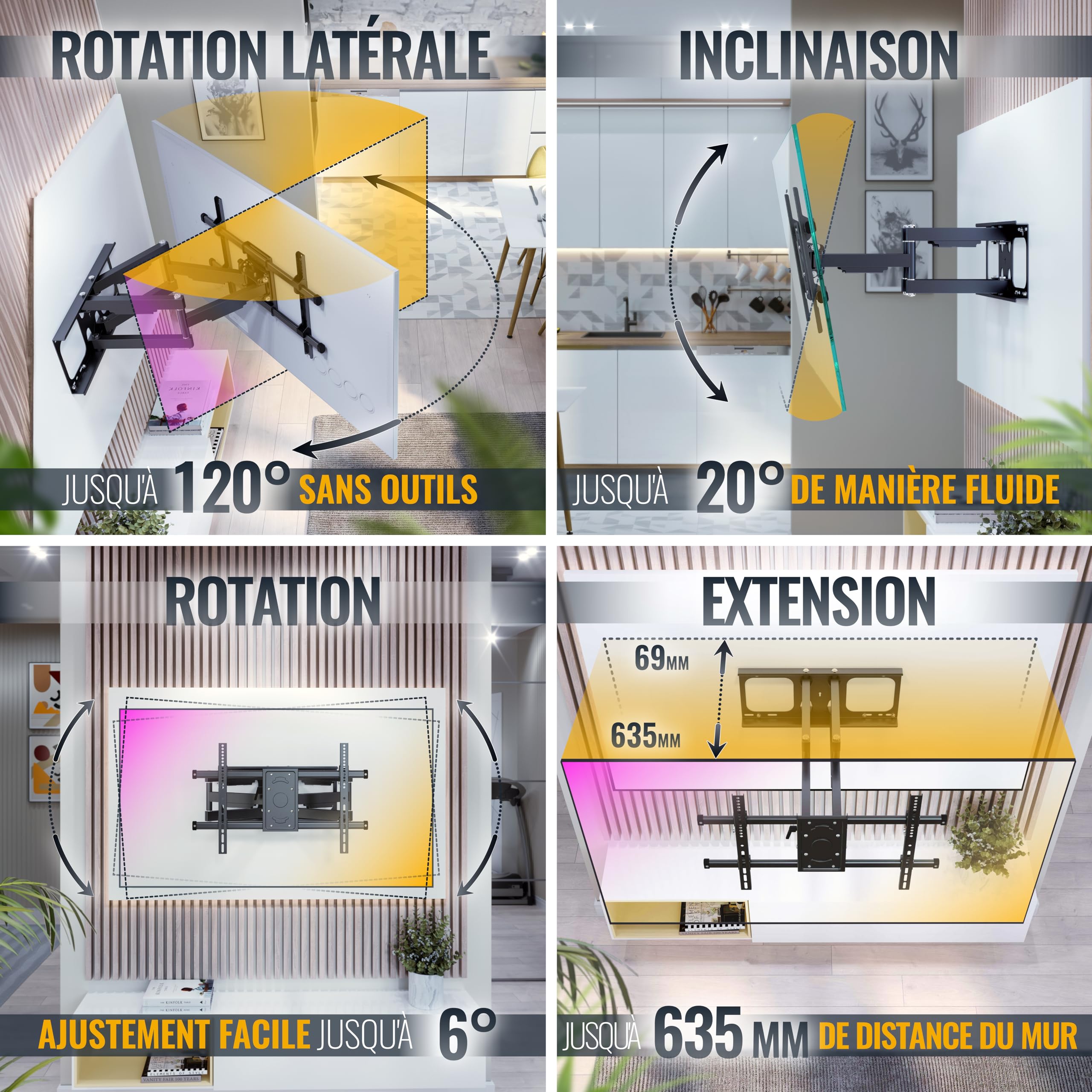 RICOO S4964 Support Mural TV 40 42 43 48 50 55 58 60 65 70 75 77 83 85 Pouces VESA 300x200 à VESA 400x400 600x400 Orientable Inclinable Fixation Murale TV QLED OLED LED LCD Écran