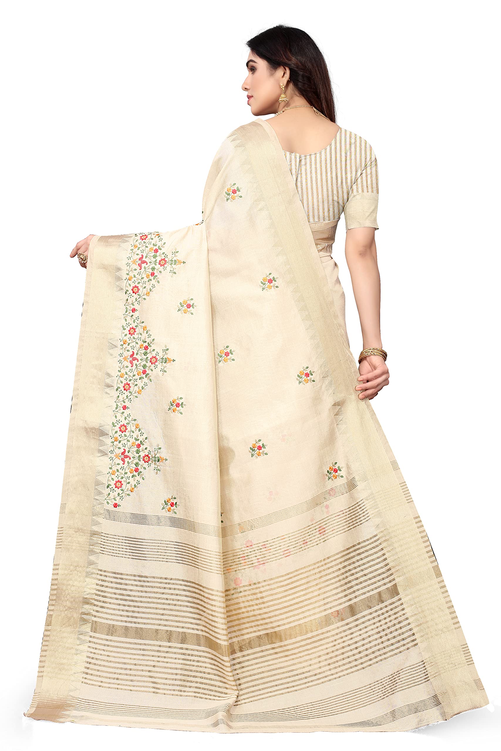 SERONA FABRICS Women's Assam Cotton Silk With Golden Border Thread Embroidered Work Saree With Blouse Piece - Image 4 thumbnail