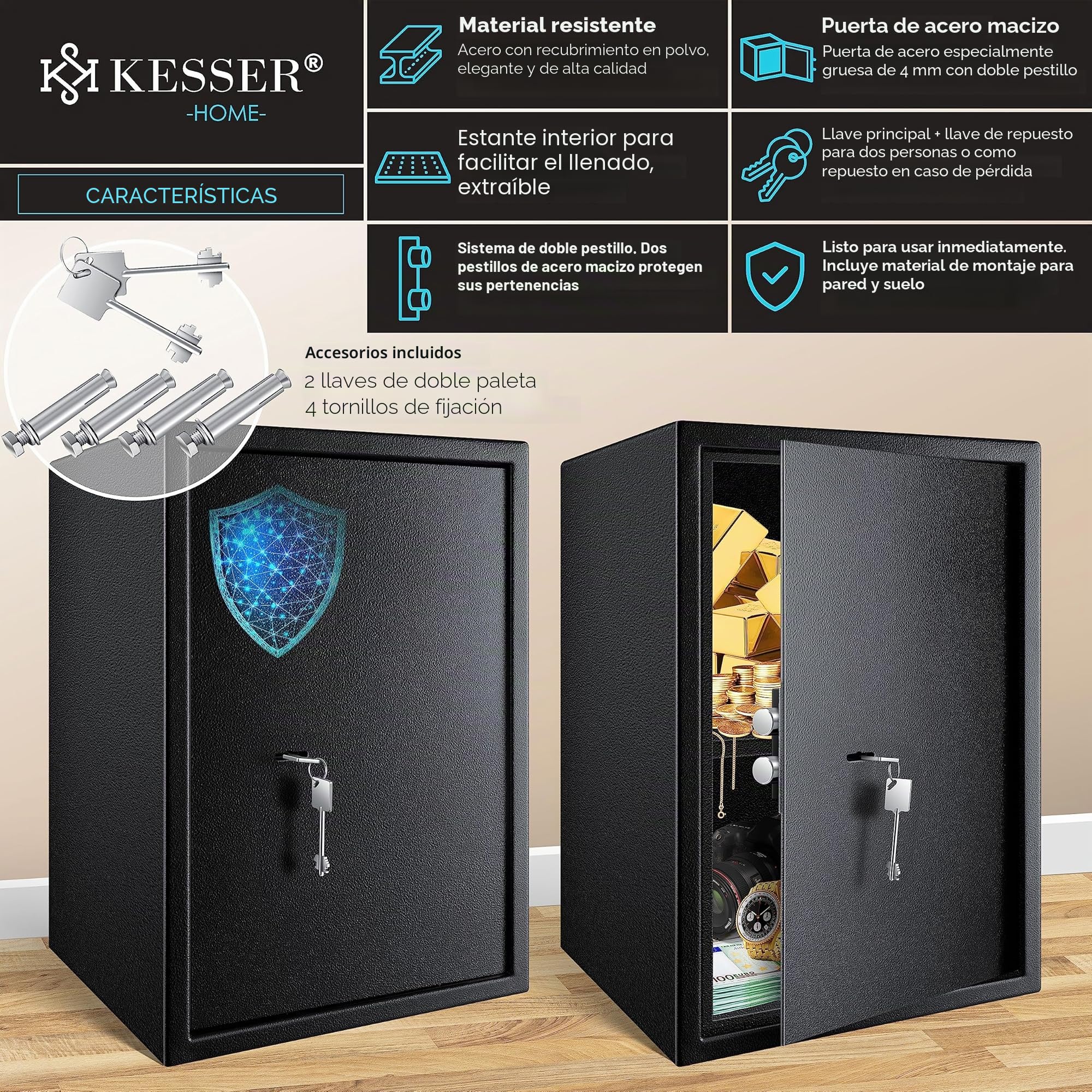 KESSER® Caja fuerte de suelo-pared, para muebles, con cerradura de doble paletón, armario para dinero 50 x 35 x 31 cm incluye 2 llaves