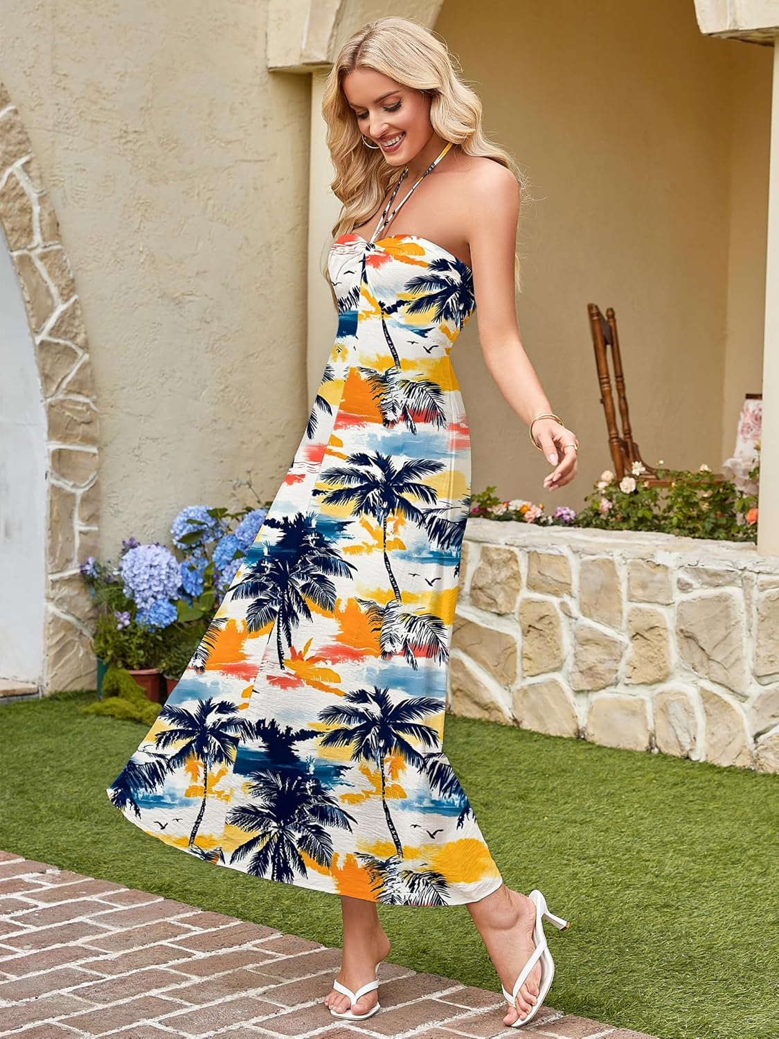 Kikibell Women Halter Backless Summer Dresses Spaghetti Strap Casual Beach Sundress Holiday Vacation Boho Maxi Dress - Image 4