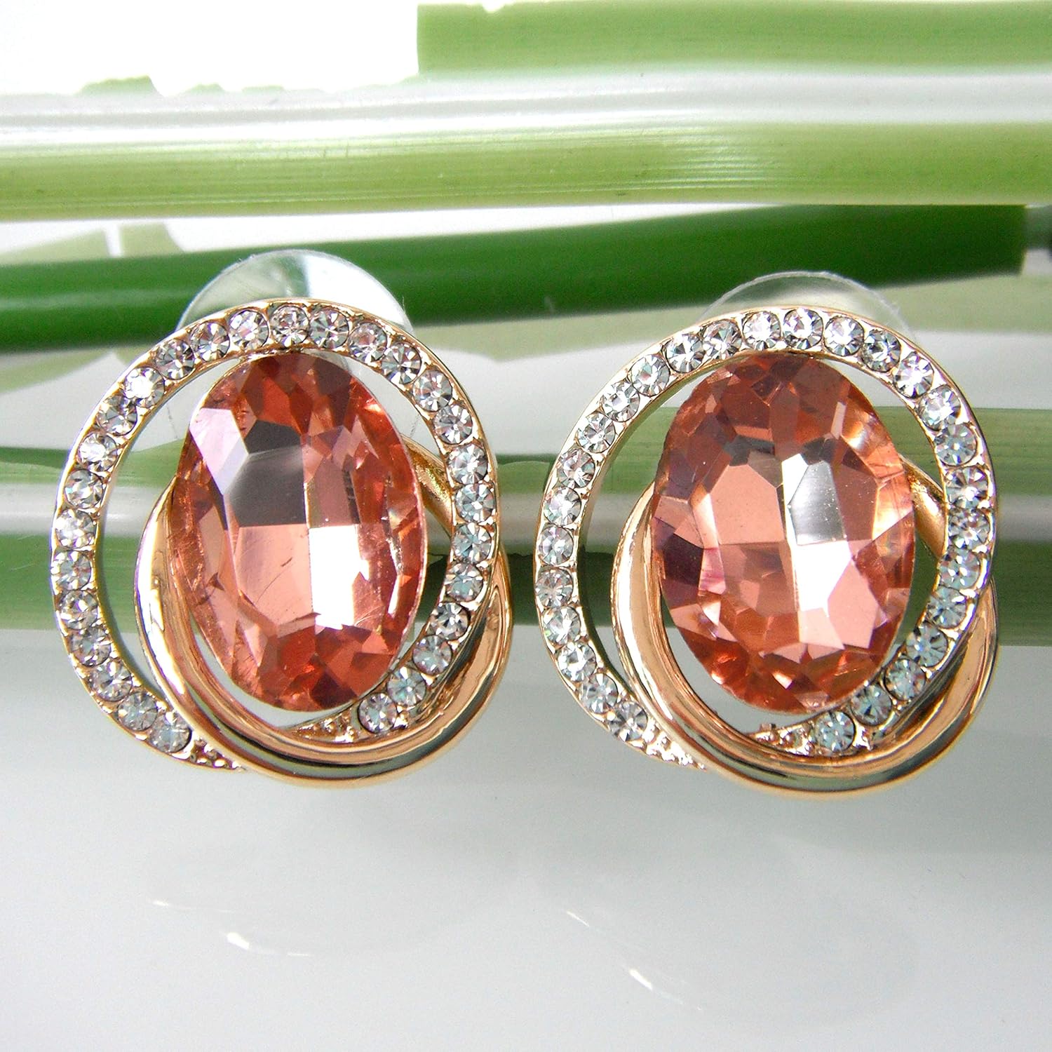 Navachi 18k Gold Plated White Crystal Oval Zircon Double Circle Stud Earrings - Image 4