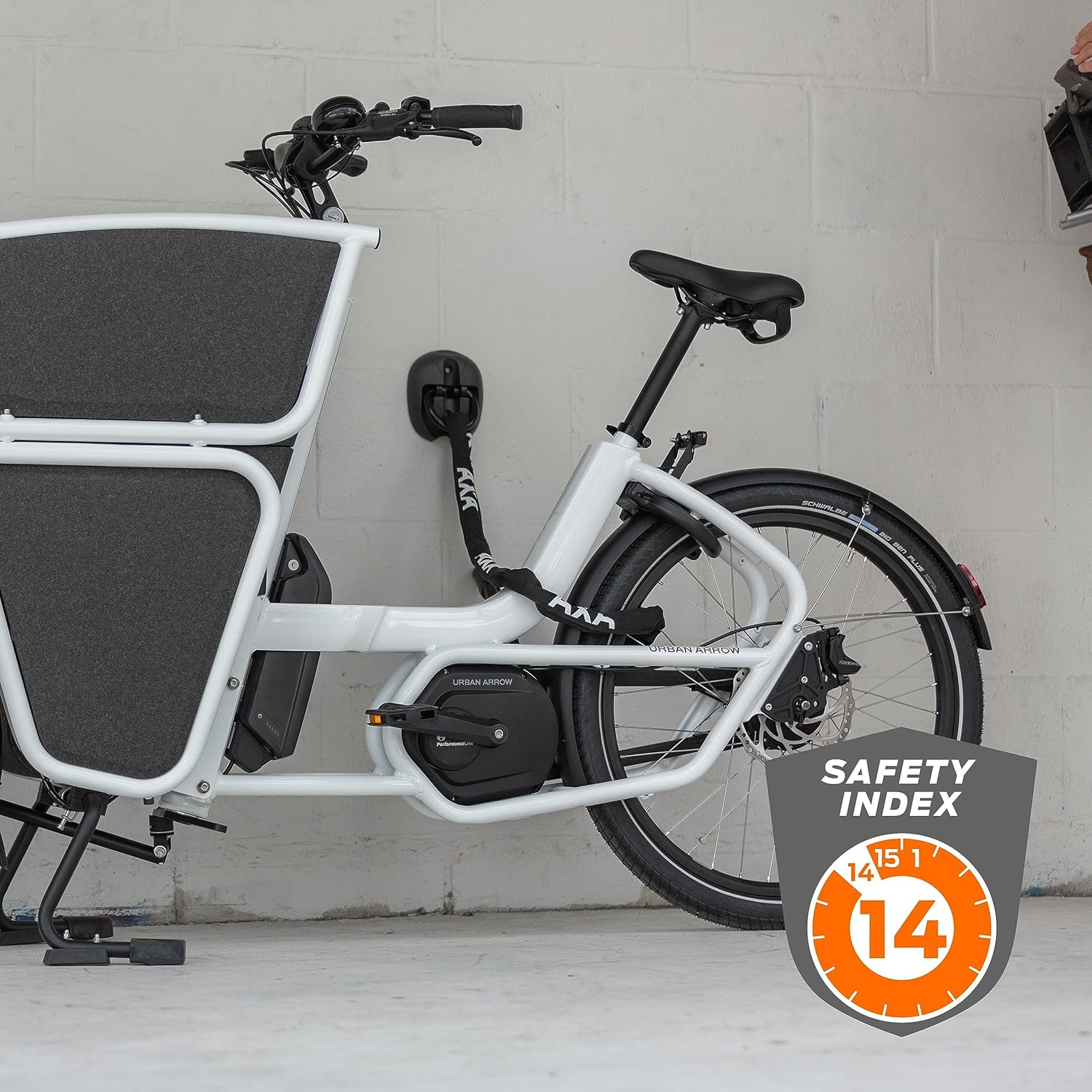 AXA Linq 180 securing a cargo bike, showing security index 14