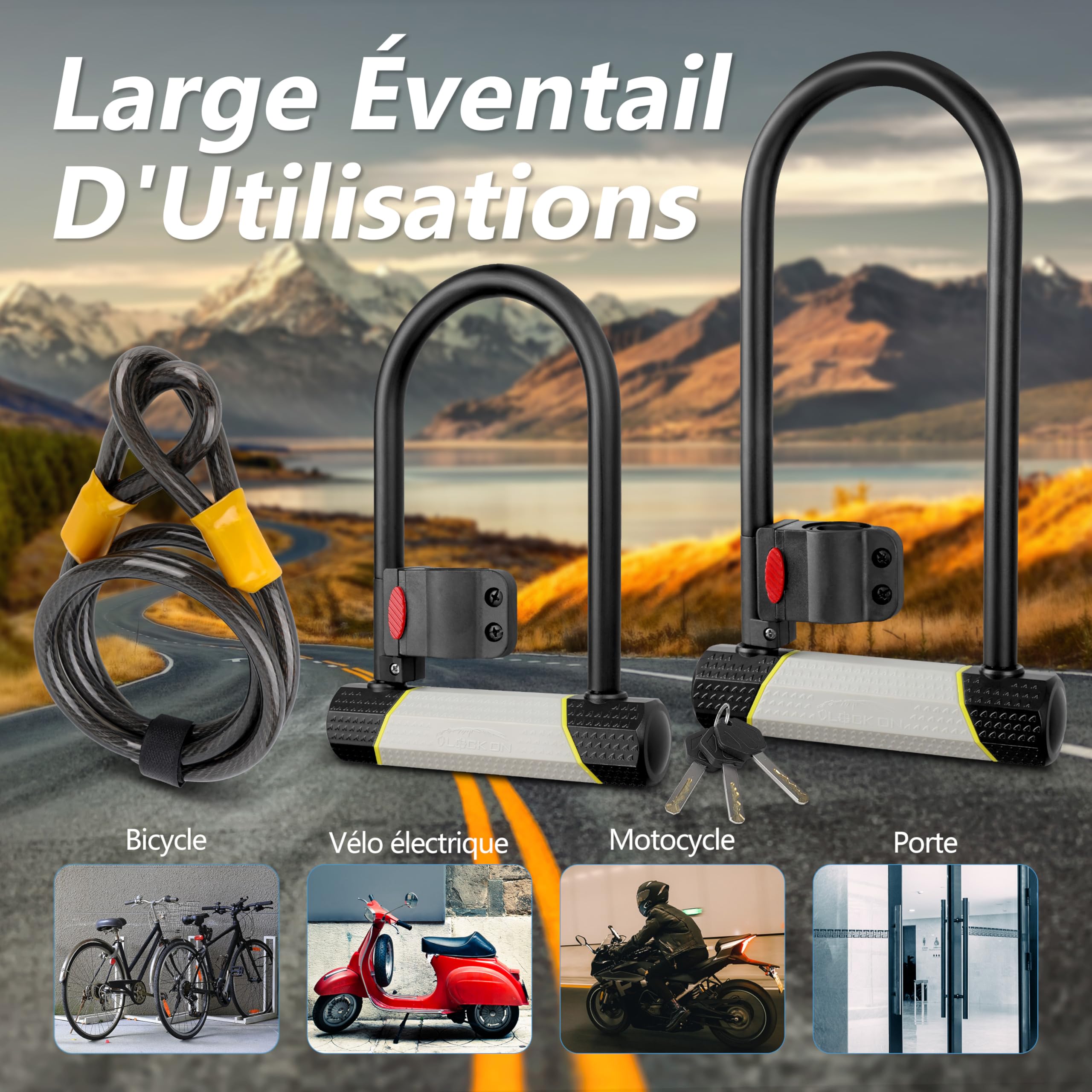 SUNYA Antivol de Vélo, Cadenas Pour Velo, 14mm Antivol en U et câble 12mm x 1,5m. Niveau de Sécurité 7/10, Offre un Haut Niveau de Protection. 1 Support de Montage. 180x320mm