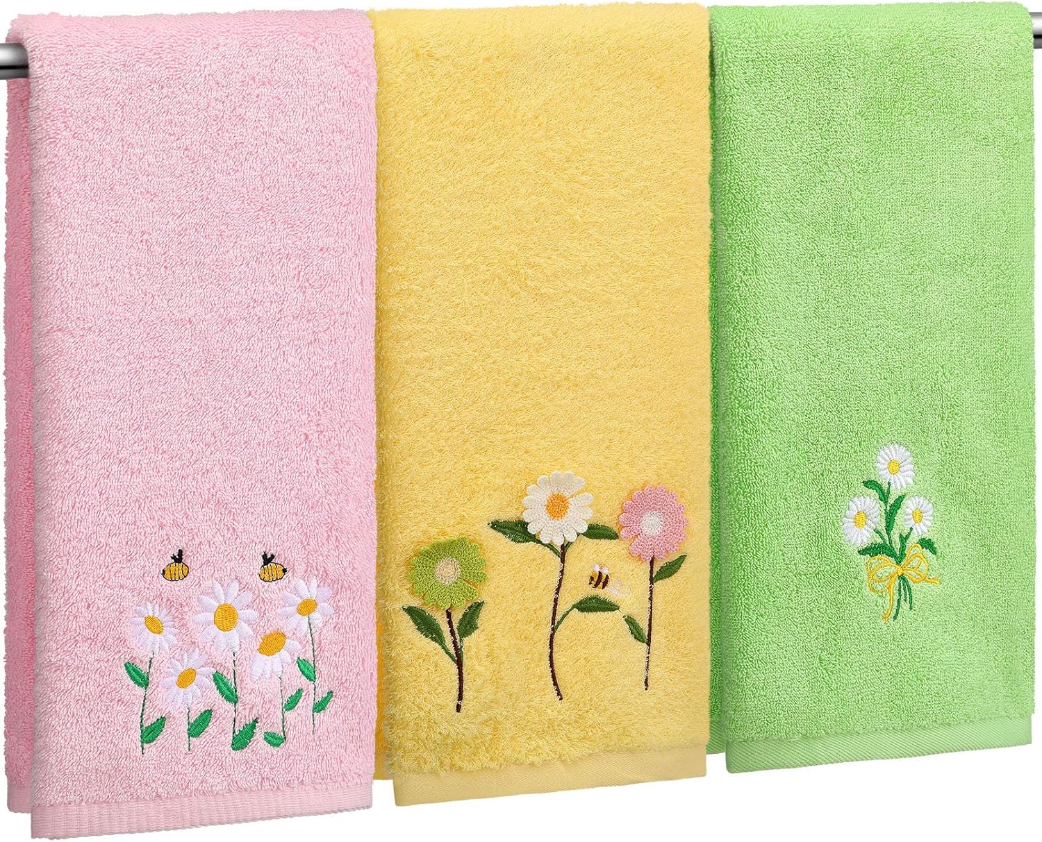 Remagr 3 Pcs Floral Hand Towels Set 100% Cotton Pastel Daisy Towel Neutral Wildflower Embroidered Decorative Spring Summer Soft Absorbent Towels Housewarming Gifts for Spa Guest Kitchen Bathroom
