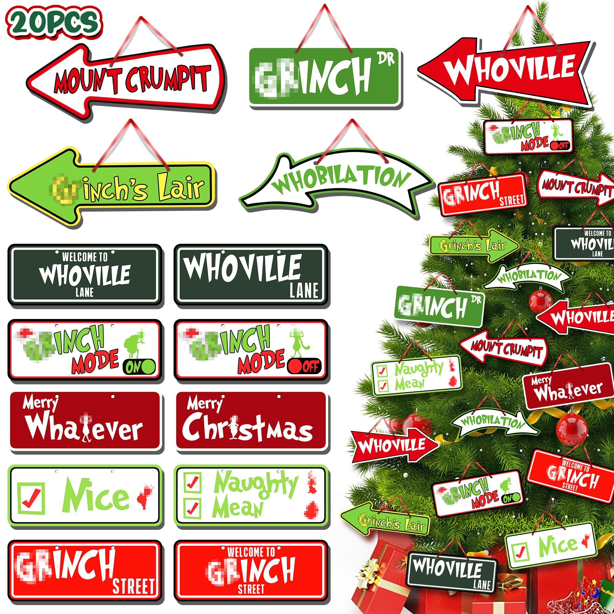 (maybe incomplete) Large 20PCS Christmas Tree Decoration Ornaments, Unique Hanging Ornaments for Christmas Tree Topper,Road Sign Xmas Party Decor Gifts for Indoor and Outdoor