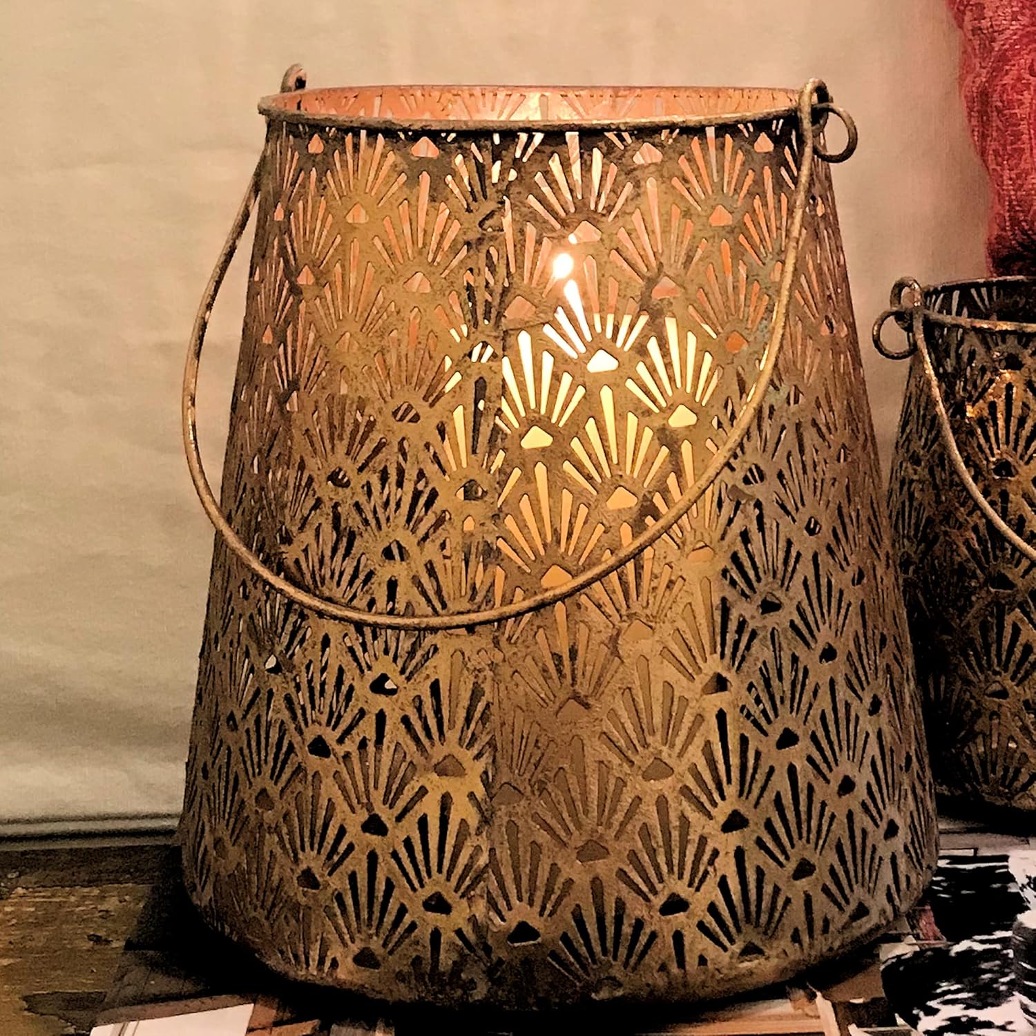 Grand Tour Temple Bell Lanterns, Set of 2, Lattice Lace Pattern, Hurricanes, Gold Finish, Iron, 8.75 and 6 Inches, Loop Handles, Removable Inner Glass Sleeve