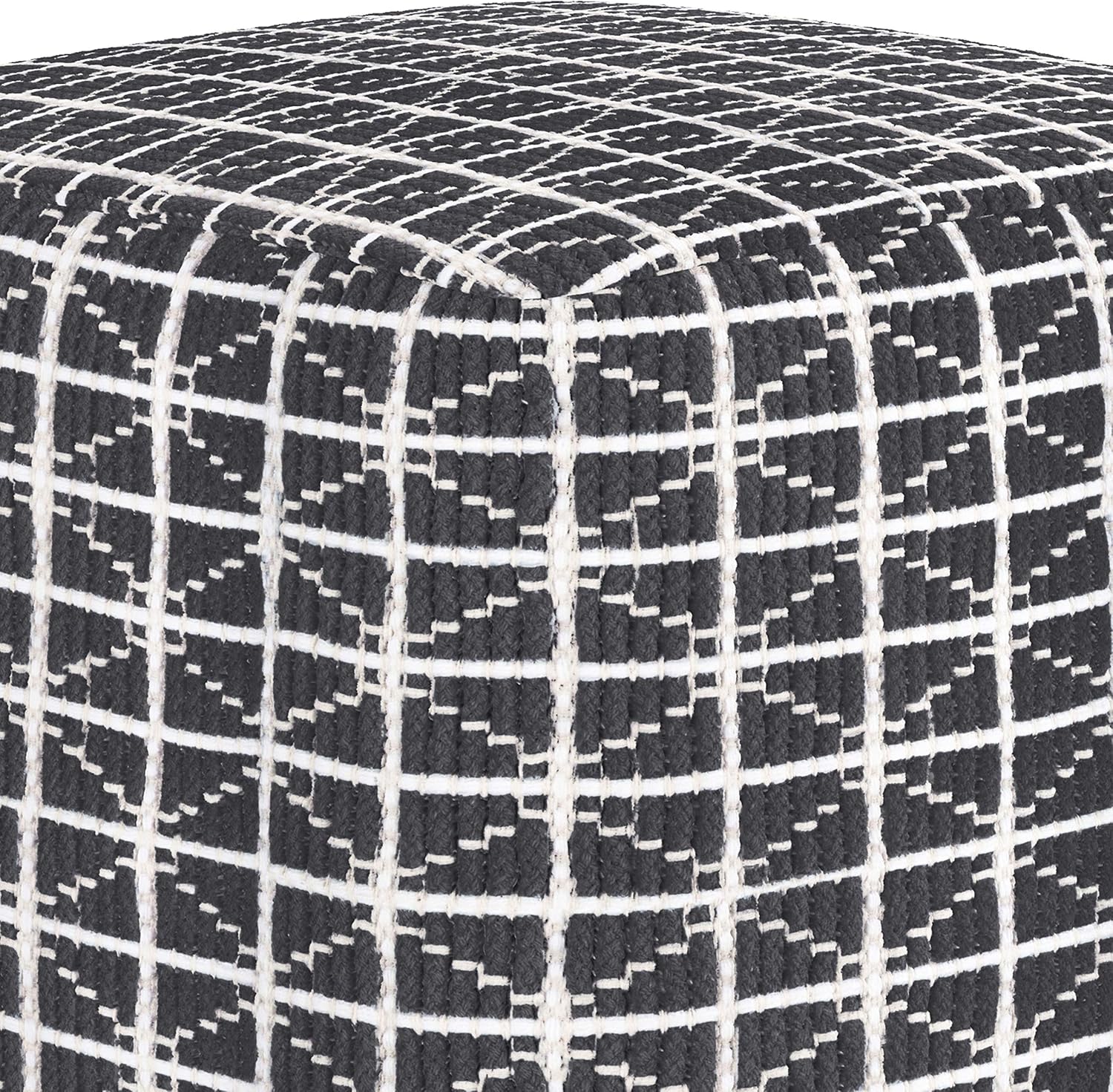 SIMPLIHOME Noreen Boho Square Pouf in Slate Grey and White Handloom Woven Pattern for the Living Room, Bedroom and Kids Room