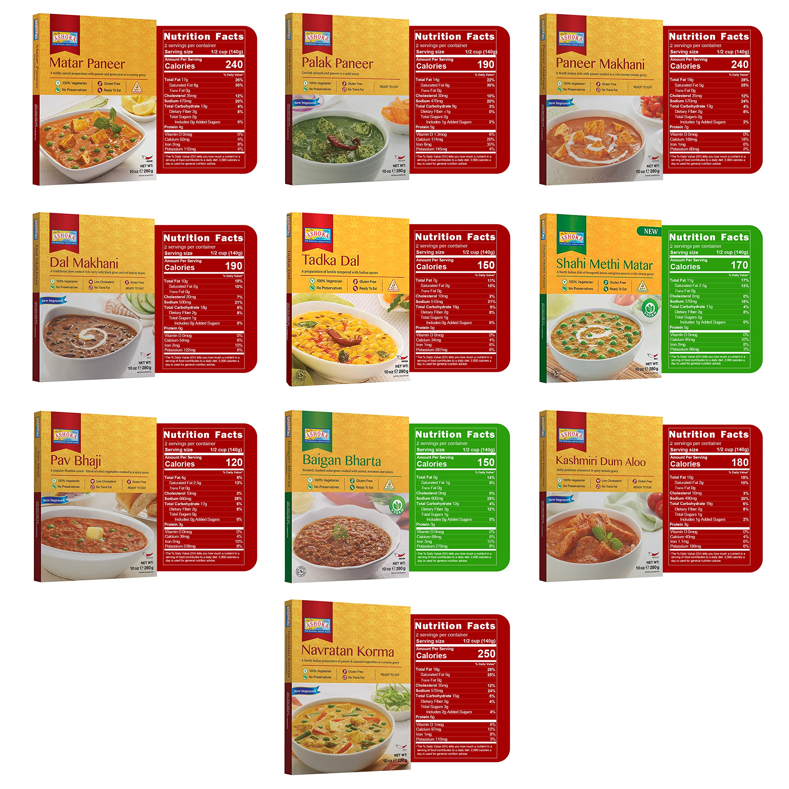 Ashoka Microwaveable Entrees 1932, Vegetarian Sampler Kit, Heat & Serve Meal Pack, Kosher Certified Variety Pack, Authentic Indian Cuisine, Instant Meals, Gluten-Free with No Preservatives, Pack of 10