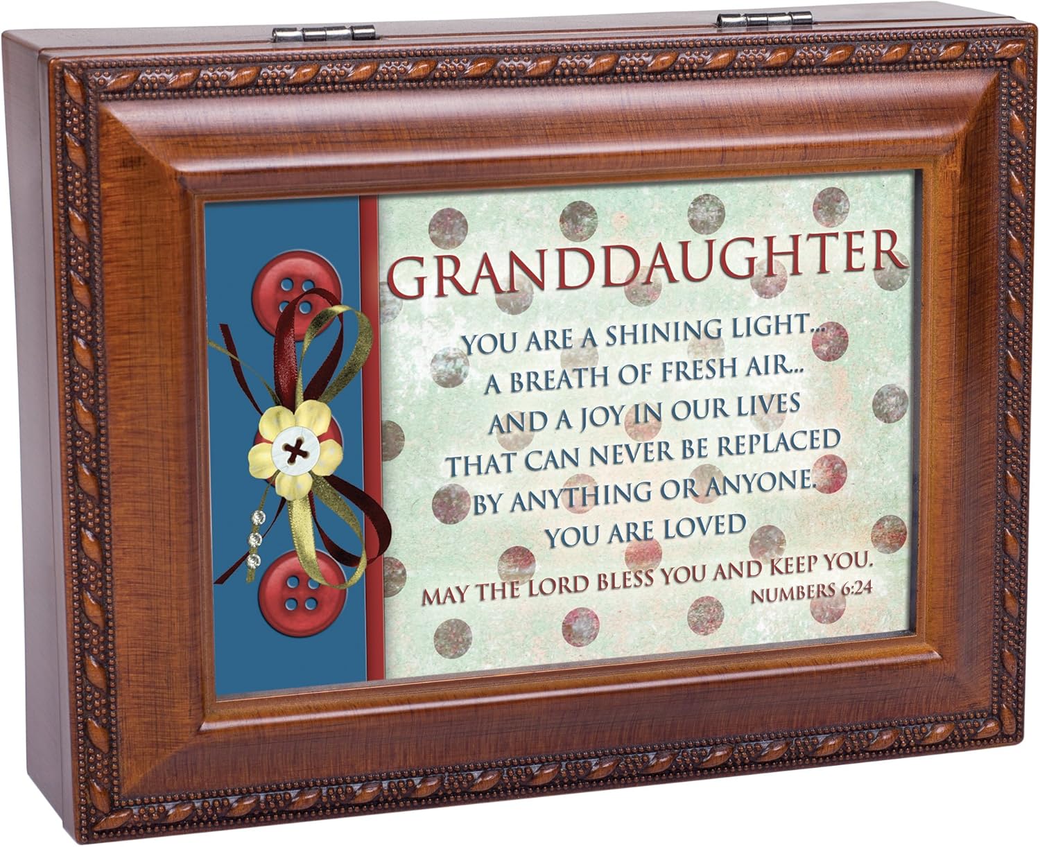 Cottage Garden Granddaughter Shining Light Woodgrain Rope Trim Jewelry Music Box Plays Jesus Loves Me
