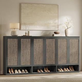 SICOTAS 96.8" Wide Tall Rattan Shoe Storage Cabinet for Entryway with Doors