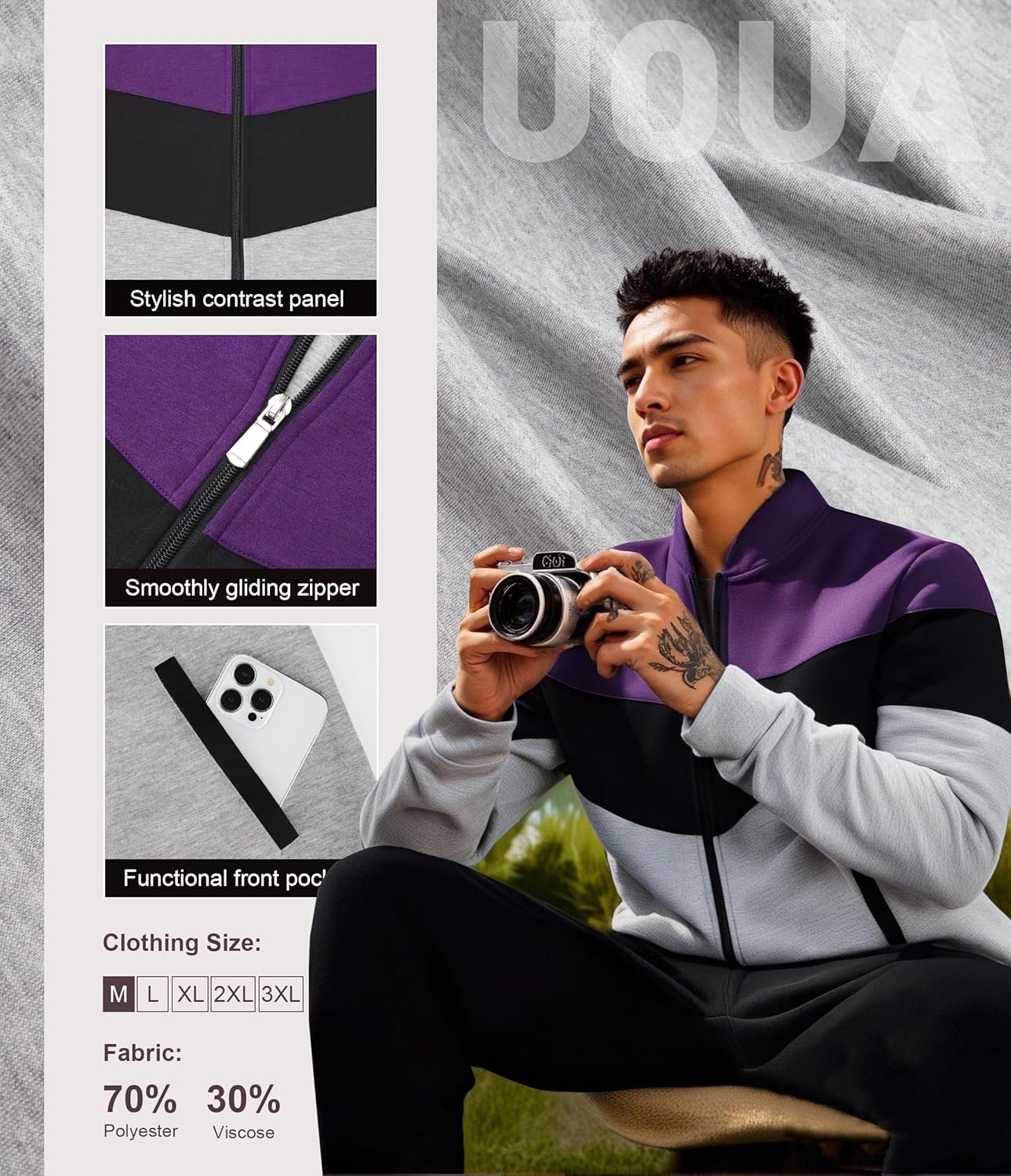 UOUA Men's Tracksuits Set Full Zip Jacket & Sweatpants 2 Piece Athletic Jogging Suits Casual Sports Color Block Outfit - Image 5