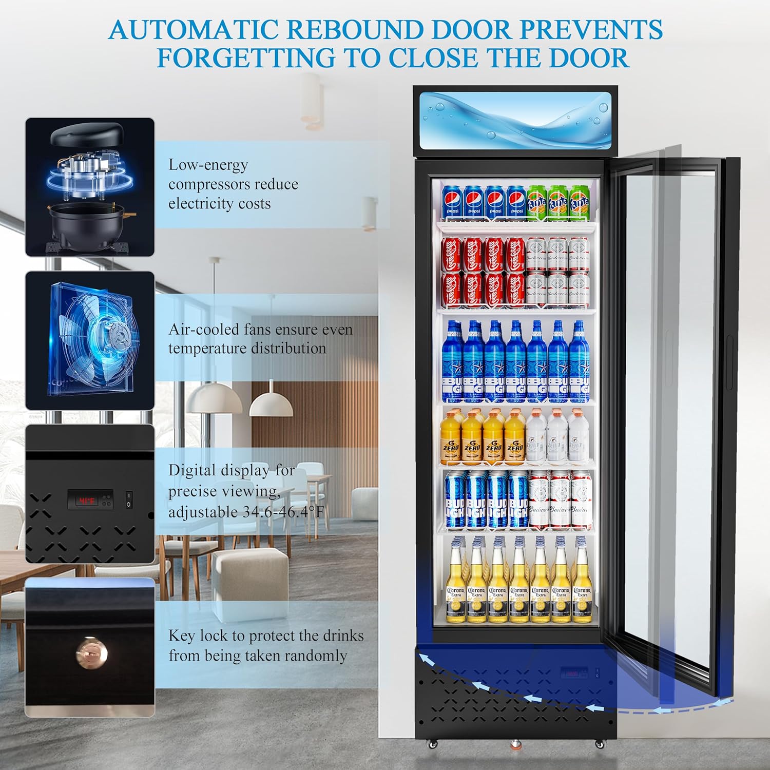 Beverage Cooler Commercial Refrigerator 10 Cu.Ft. Glass Door Display Refrigerator with LED Light, 5 Shelves, Display Commercial Beverage Refrigeratorfor Restaurant Cafe Bar Store (10 Cu.Ft.)
