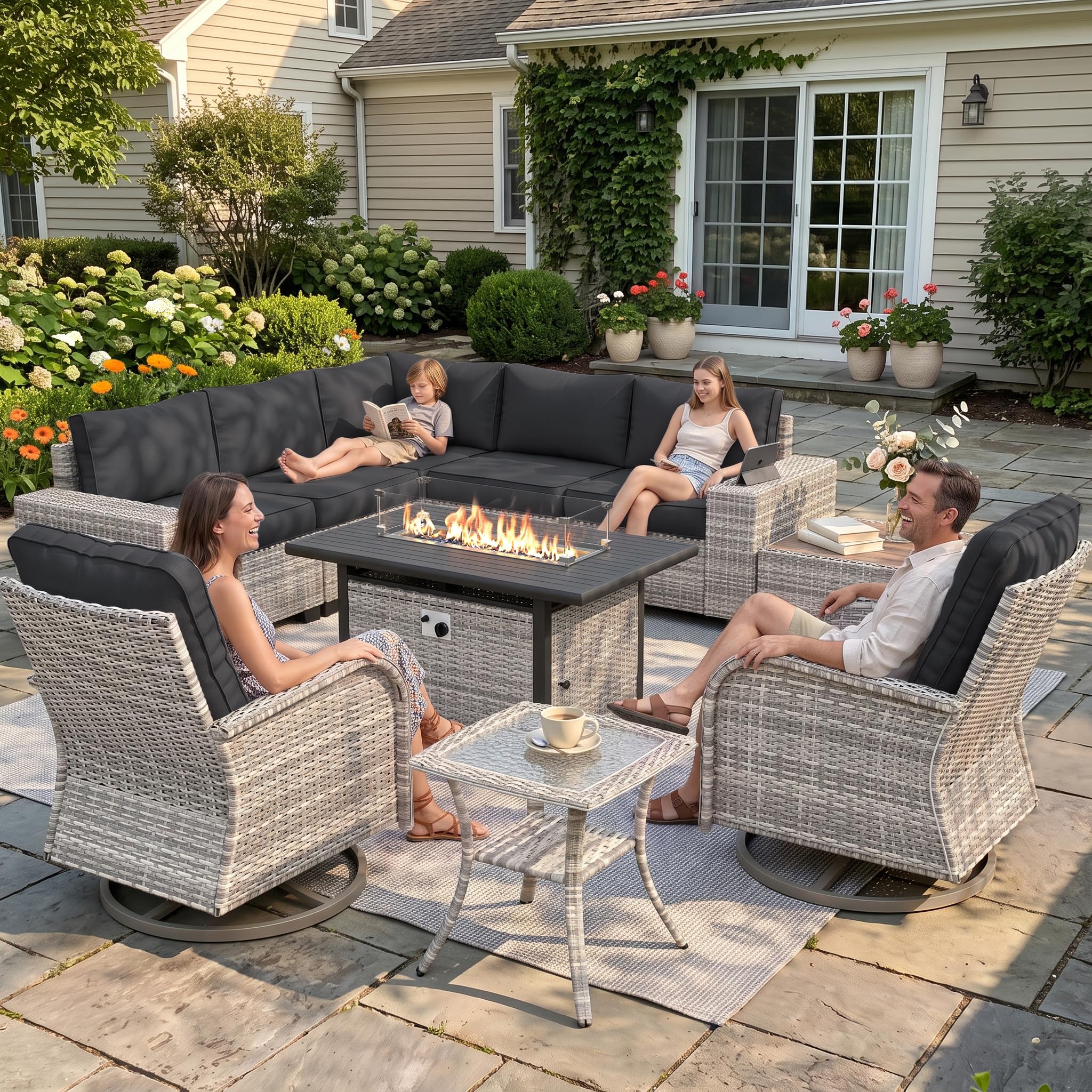 Muphyers 10-Piece Rattan Patio Set with Fire Pit Table in Dark Grey