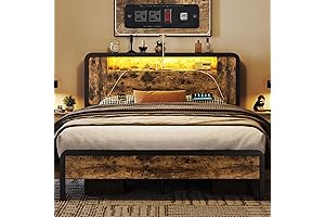 Yaheetech Full Metal Bed Frame with LED Lights, Wood Headboard