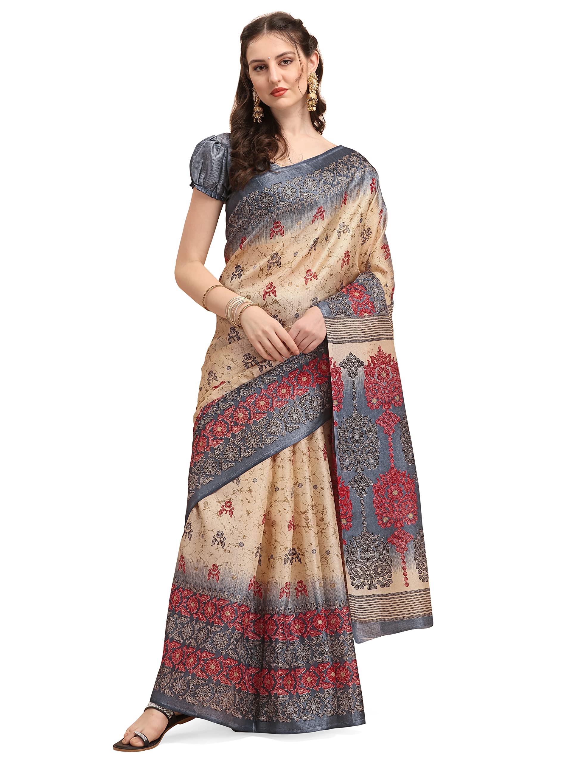 Women's Art Silk Printed Saree with Unstitched Blouse Piece (EJ7037-Roohi- Beige Grey_Grey)