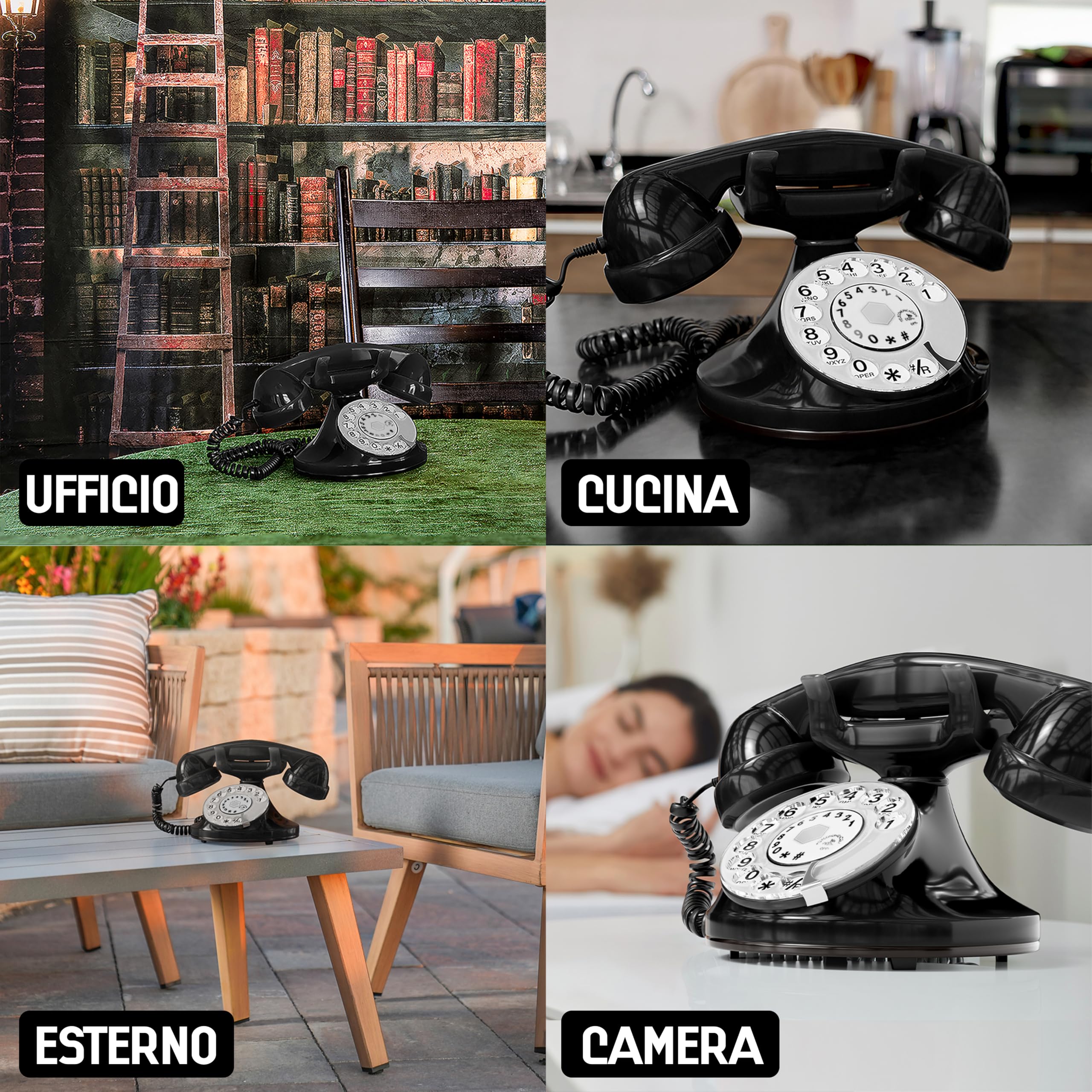 OPIS FunkyFon cable: Telefono fisso casa vintage con disco, telefono antico per linea fissa, stile retrò classico Nero