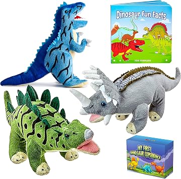 Dazmers Dino Stuffed Animals - 12 Inch Plush Toys with Board Book Big Colorful Set for Toddlers Ages 1-3. Soft & Cuddly Dinosaur Gift - T-Rex, Triceratops, Stegosaurus. Learn & Play