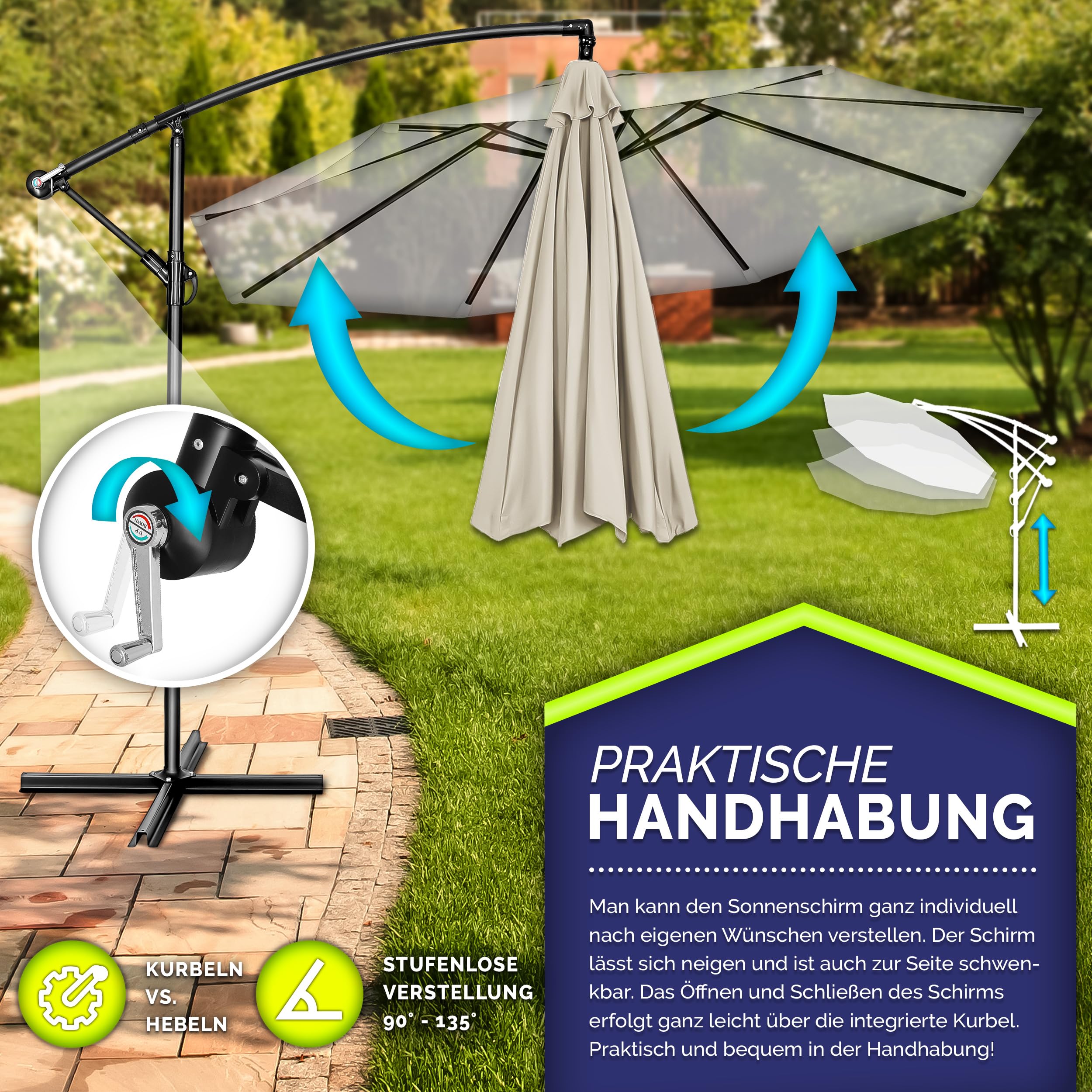 tillvex Alu Sonnenschirm + Abdeckung Ø 300 cm mit Kurbel | Ampelschirm mit Ständer & Windschutz | Gartenschirm UV-Schutz Aluminium | Kurbelschirm wasserdicht 360° drehbar
