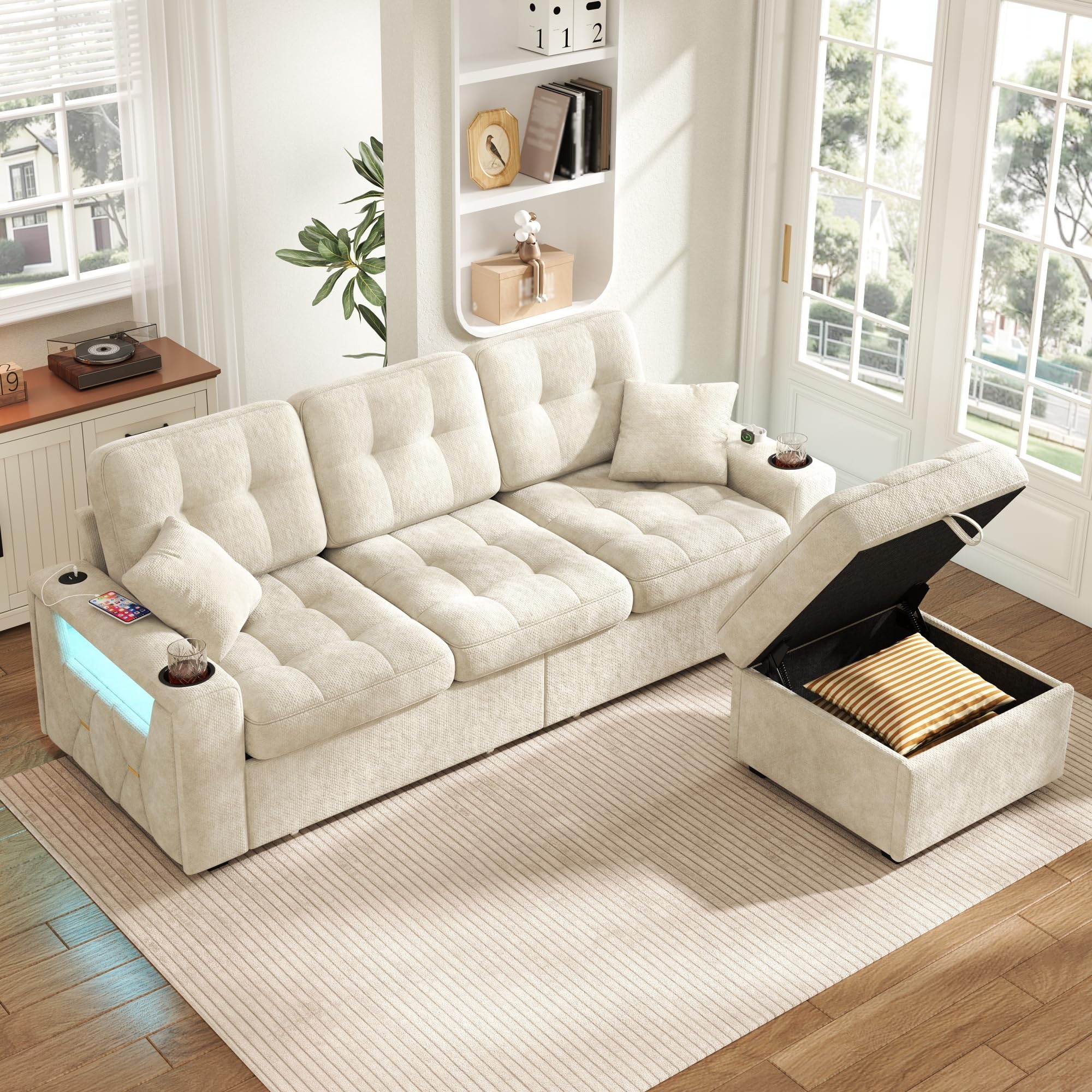 Canapé Convertible 3 Places en L avec LED et USB C et Porte-Gobelet, Canapé d'angle en Chenille avec 2 Tiroirs et Pouf Rangement, Canapé Modulable avec Compartiments latéraux au Salon Appt, Beige