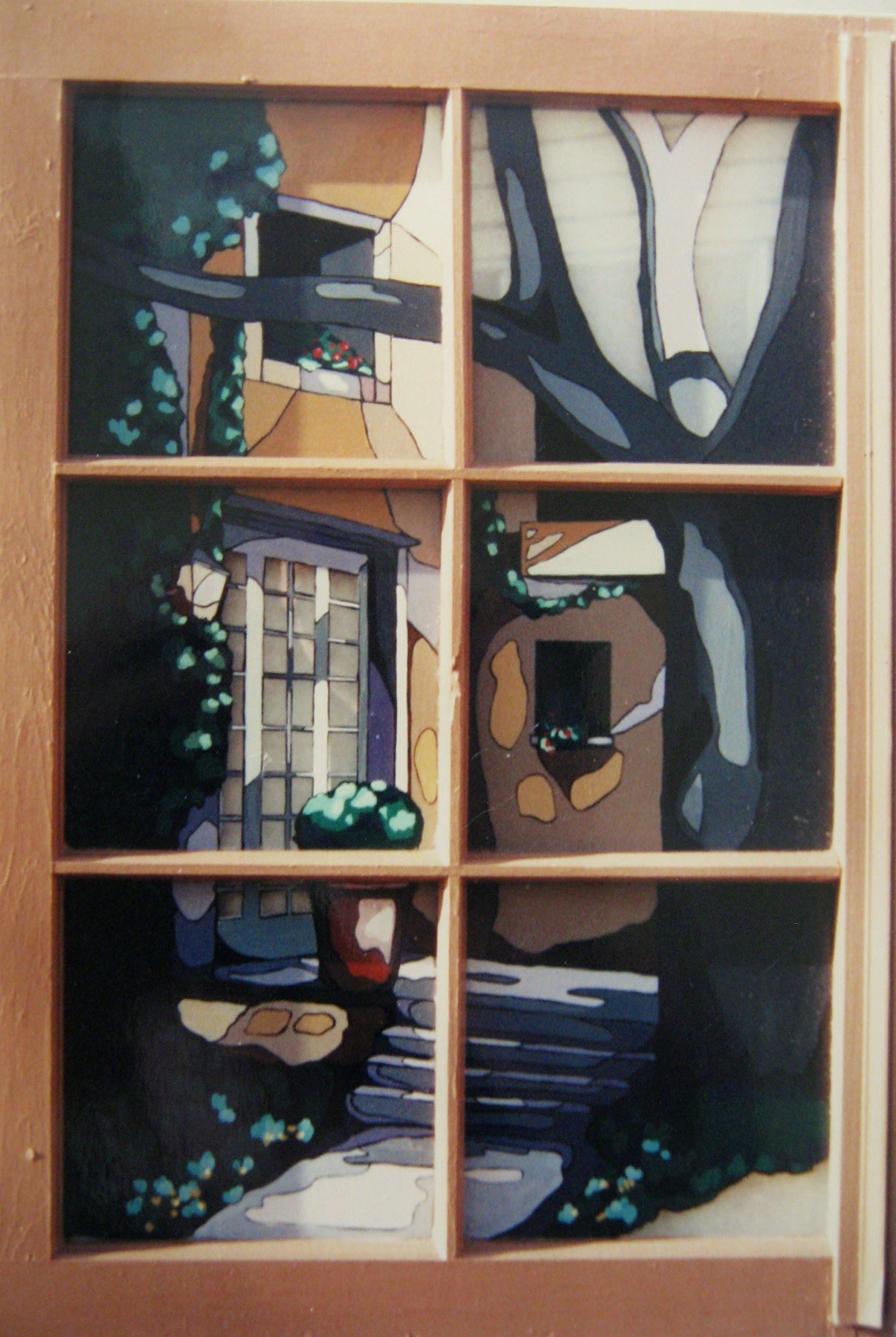 Art, Courtyard Painting, Recycled Vintage Wooden Window Sash, Wall Hanging, Home, Hand Painted Glass, Original Artwork