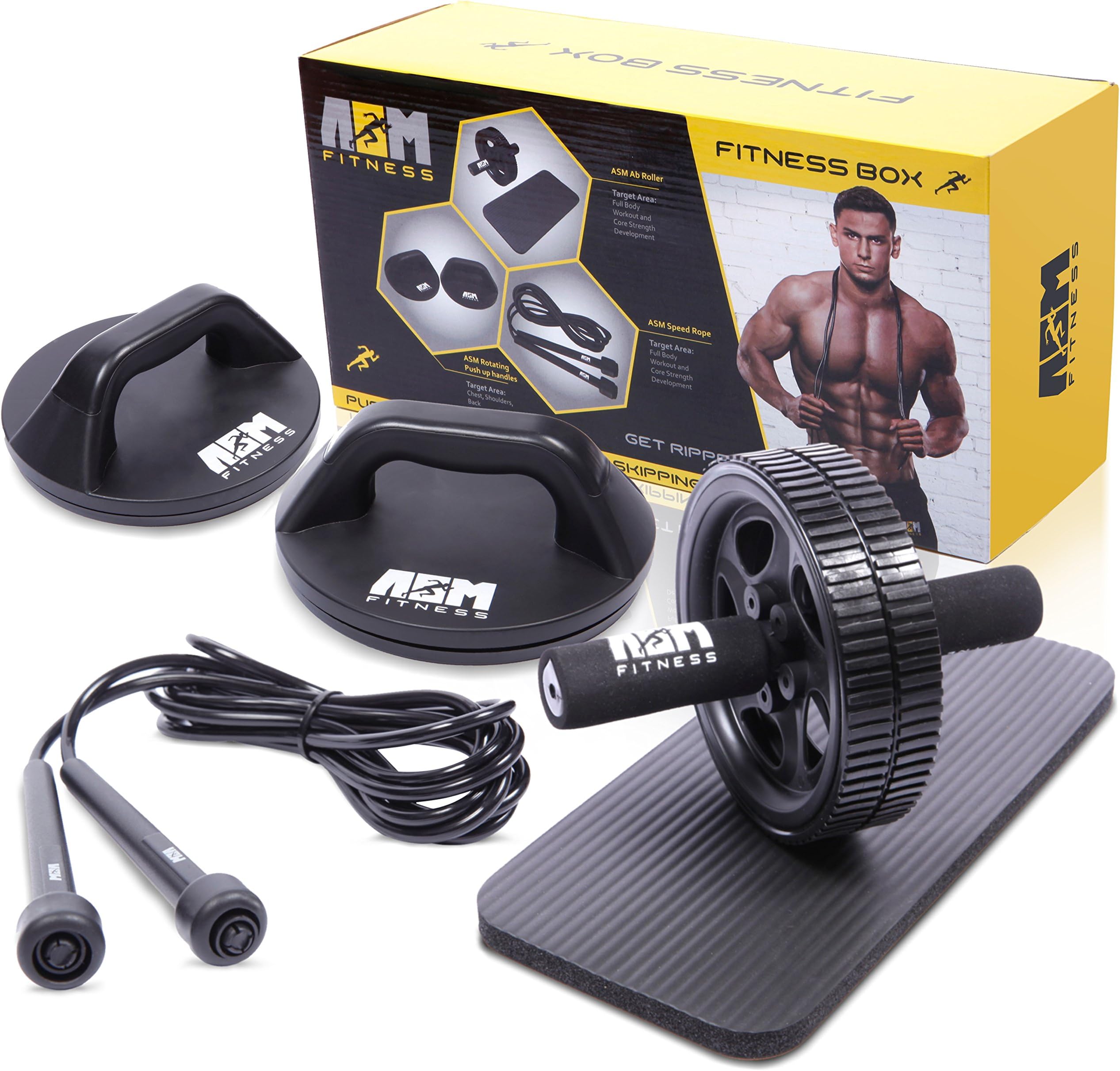 Box- Ab Wheel Roller with Thick Knee Pad Mat, Rotational Push Up Bar / Pushup Stand, Skipping Rope. Premium Home Gym Set