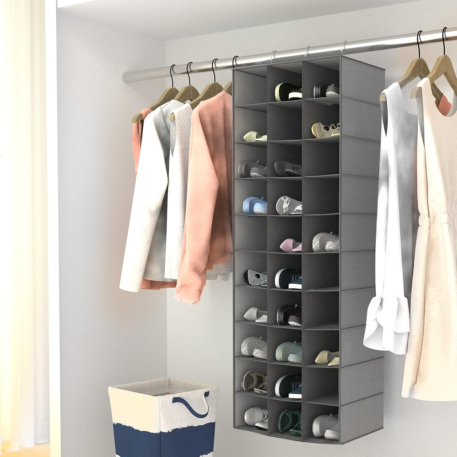 Libeder Hanging Closet Organizers - 30 Section Shoe Shelves, Space Saving Shoe Holder Grey