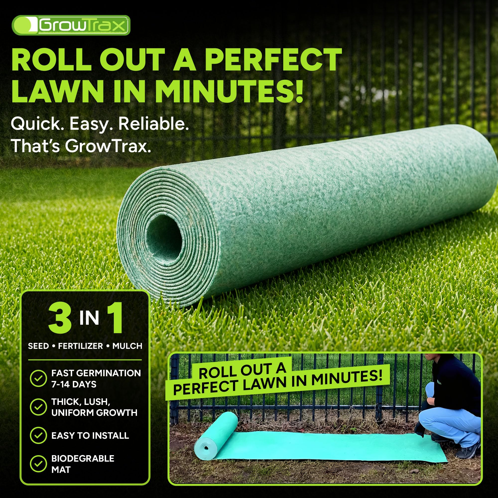 Growtrax Tapete biodegradable para semillas de hierba, 100 pies cuadrados, color verde | Semilla de césped para césped, parches de perro y sombra, solo riega y cultiva, sin césped artificial o artificial
