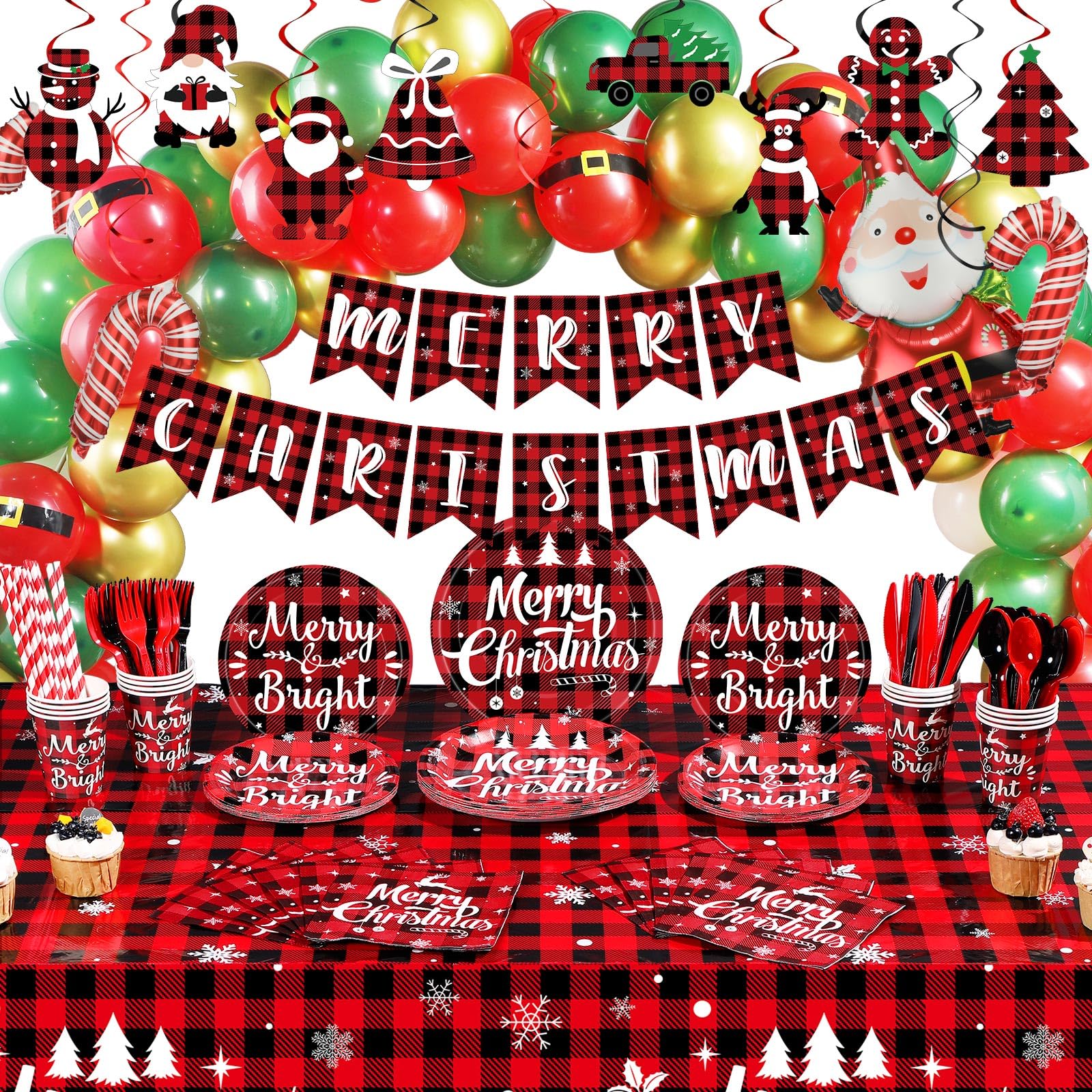 300 Pcs Christmas Party Decoration Supplies Set Red Black Buffalo Plaid Holiday Tableware Christmas Tablecloth Plates Banner Balloon Foil Swirl Decor Pack for Xmas Dinner Party Supply, Serves 24