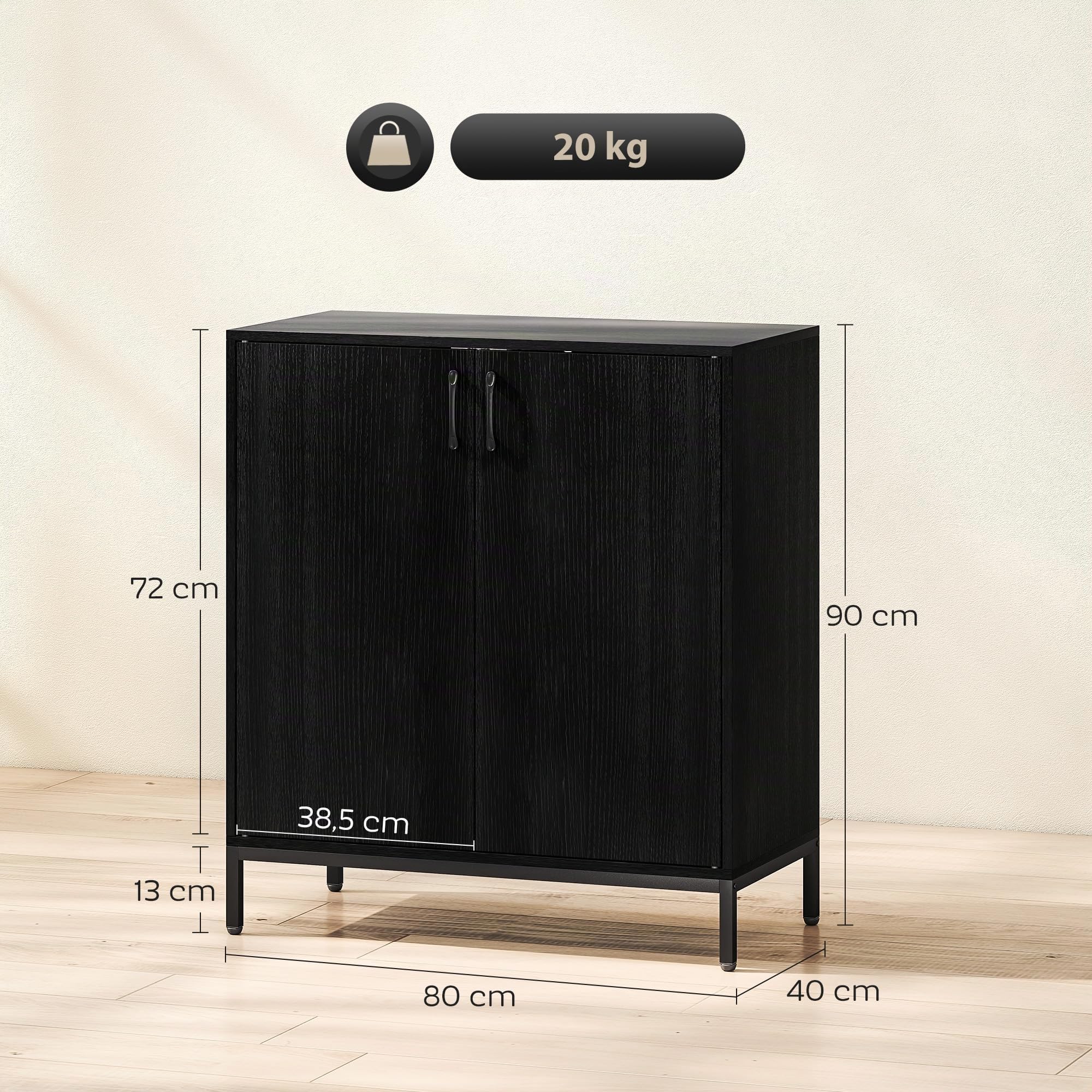 HOMCOM Credenza da soggiorno con 2 ante, credenza da cucina moderna, ripiano regolabile e base rialzata, per sala da pranzo, corridoio, camera da letto, 80x40x90 cm, nero