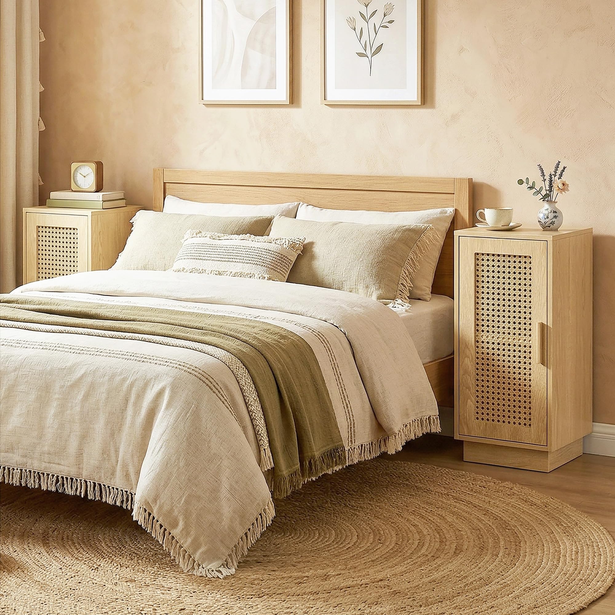 HOMCOM Lot de 2 Tables de Chevet, Tables de Nuit, Bois Naturel | Étagère Réglable, Porte en Résine Tressée, Style Bohème, Chambre à Coucher, Salon