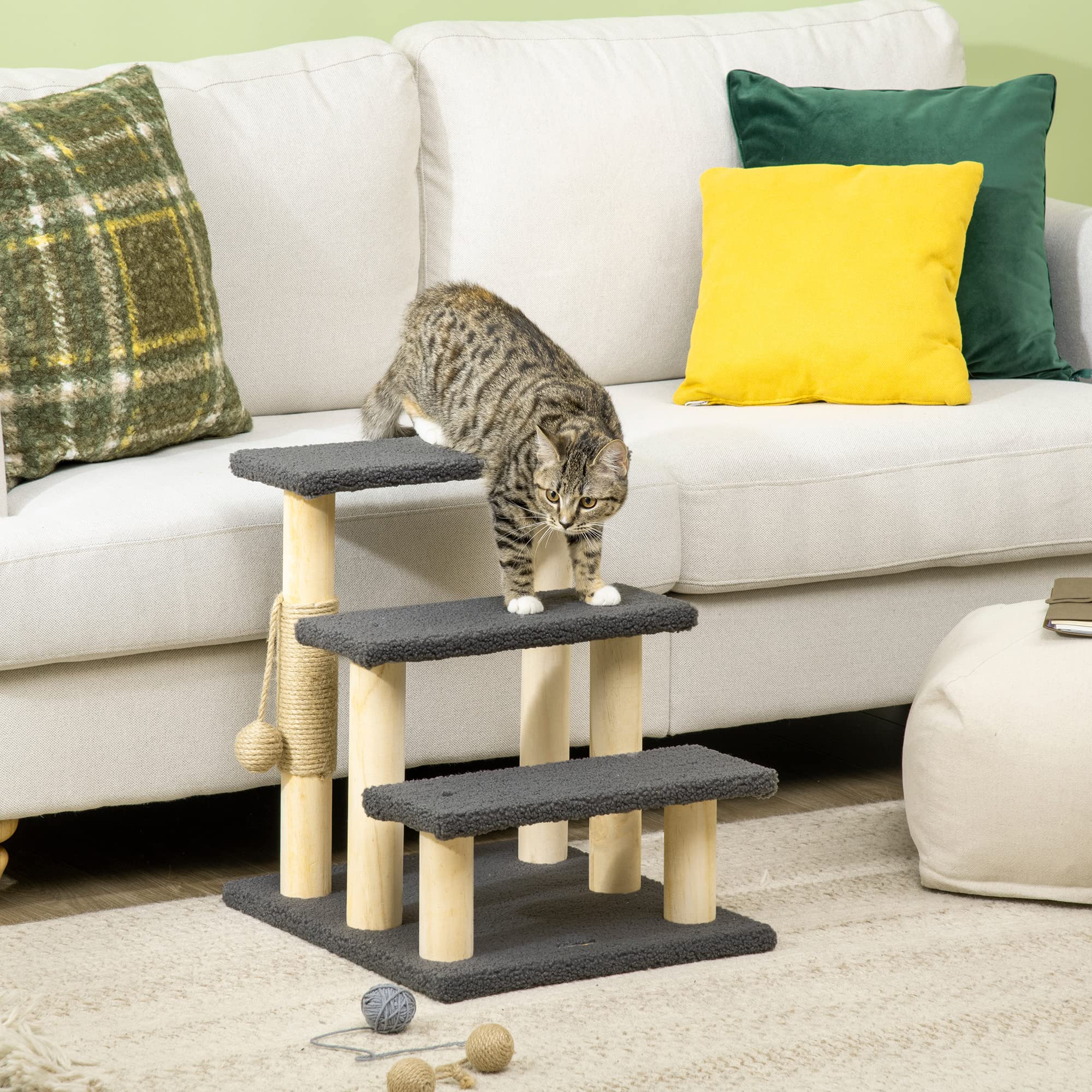 PawHut Katzentreppe 3-stufige Tiertreppe, 48 cm Haustiertreppe mit Sisalsäule, Hundetreppe mit Spielball, Einstieghilfe für hohe Betten, Kiefernholz, Grau+Natur