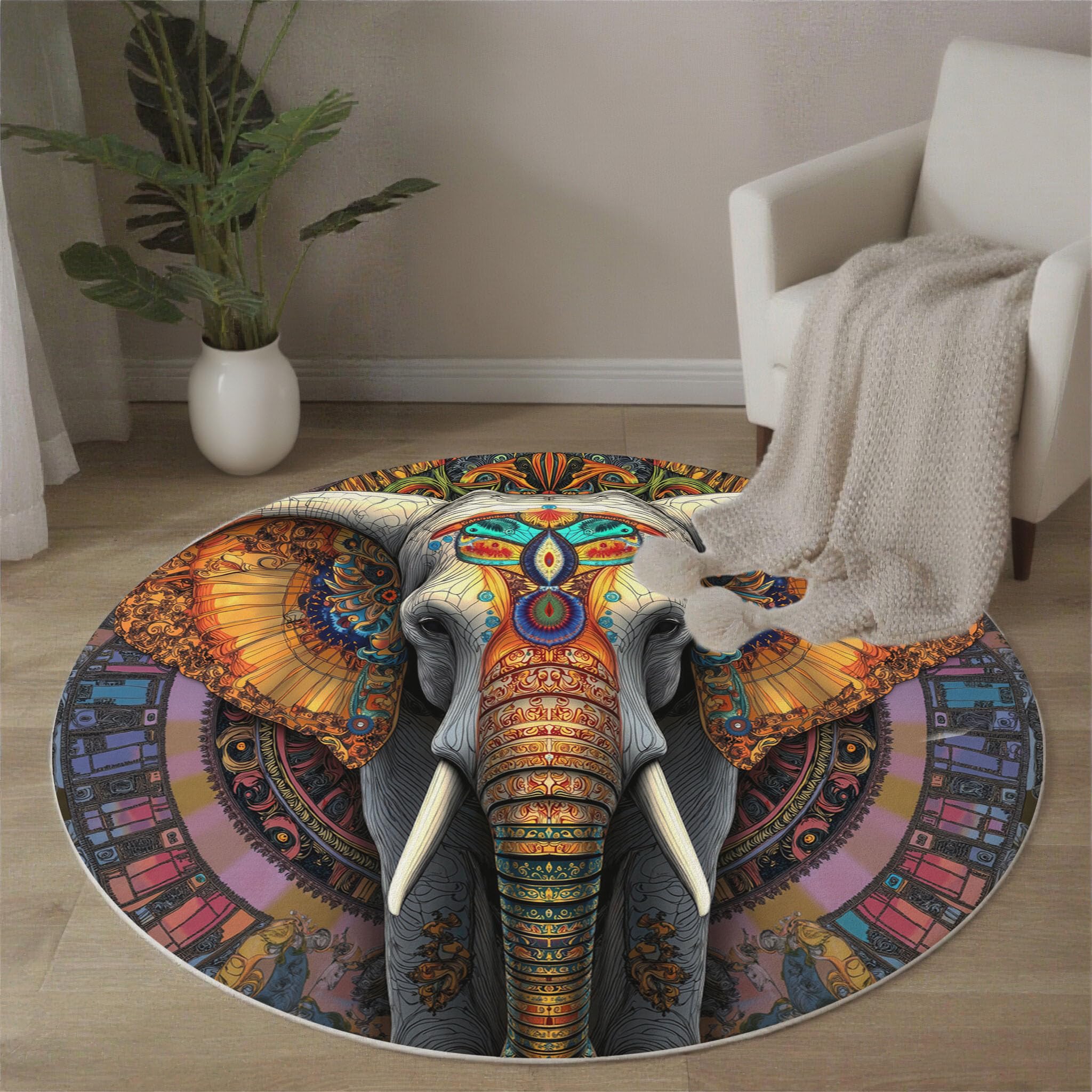 Tapis Ronds Mandala Éléphant, Tapis Rond Illustration Ethnique Antidérapant Doux Rugs Chambre, Lavable Rug De Salon, pour Bureau L'intérieur 120cm
