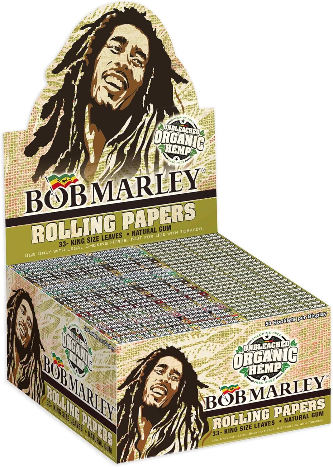 Bob Marley Rolling Paper Unbleached - King Size (110mm) Cigarette Paper - Box of 50 Booklets (33 Leaves Per Book)
