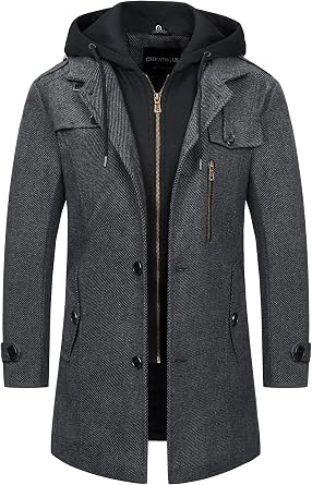 CREATMO US Mens Classic Pea Coat Wool Blend Trench Coat Windproof Business Overcoat With Detachable Hood