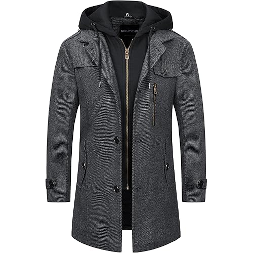 CREATMO US Men's Classic Pea Coat Wool Blend Trench Coat Windproof Business Overcoat With Detachable Hood