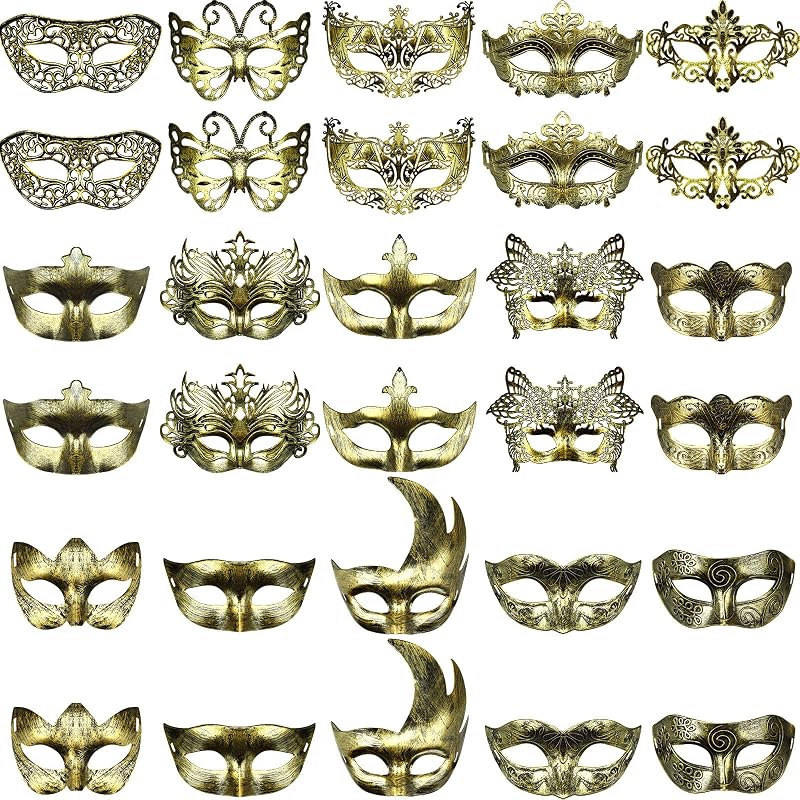 Yunsailing 30 Pcs Masquerade Masks with Straps for Women Men,Gold | Masquerade Party favors,Antique Venetian Mask for Masquerade Ball Halloween Carnival Party Favors